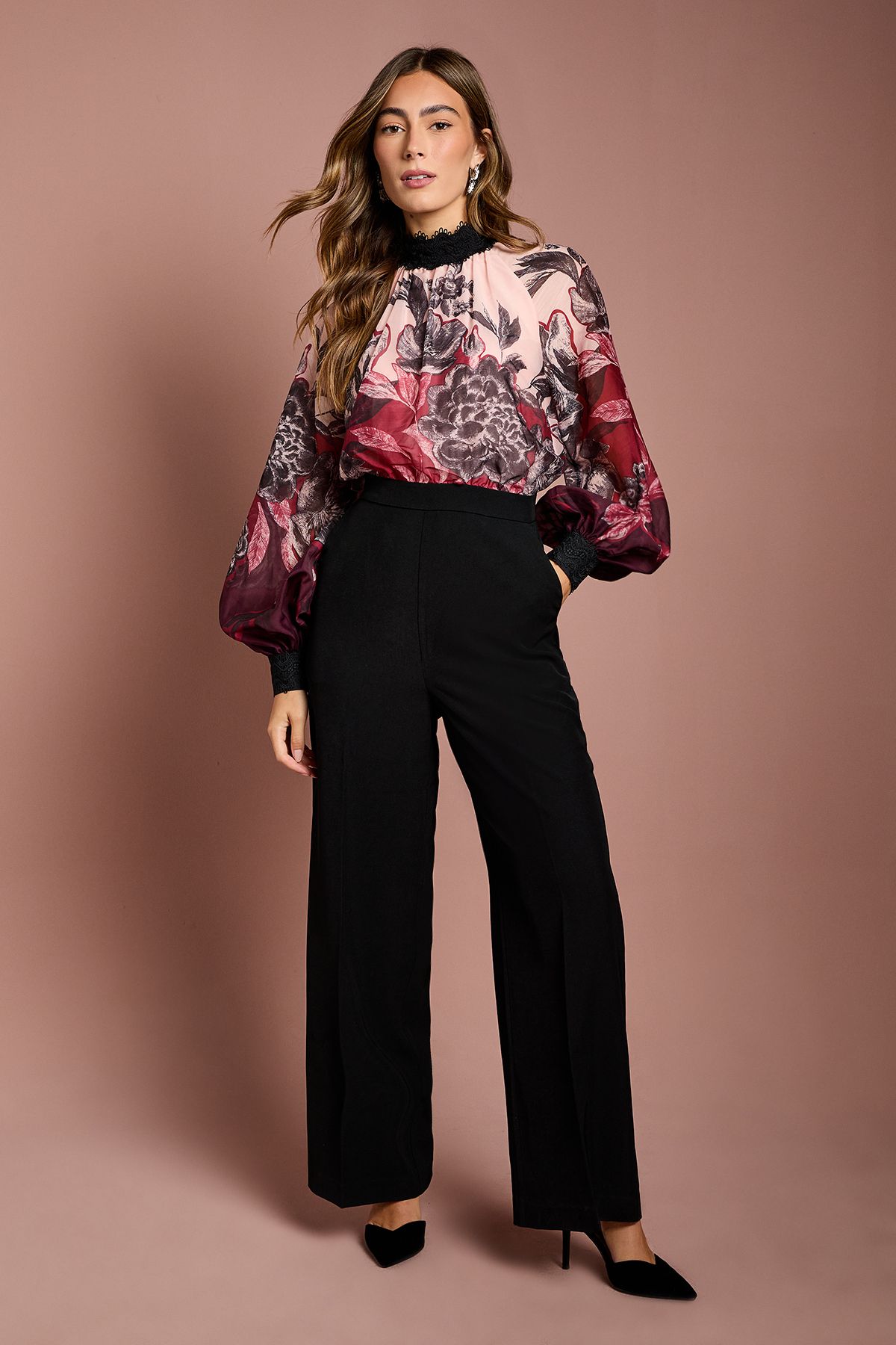 Coast Printed Organza Long Sleeve Jumpsuit Black image 1