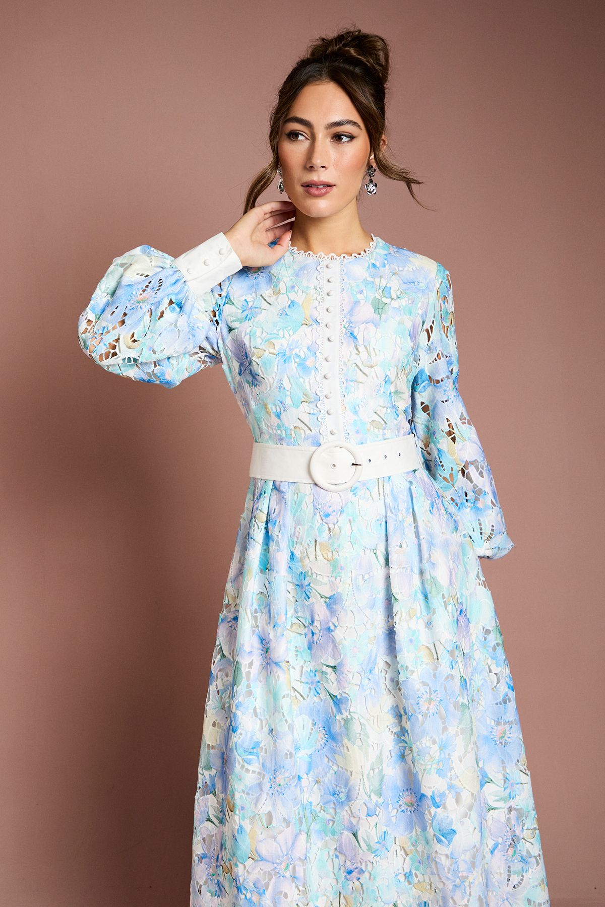 Coast Printed Lace Blouson Sleeve Belted Midi Dress Light Blue image 2