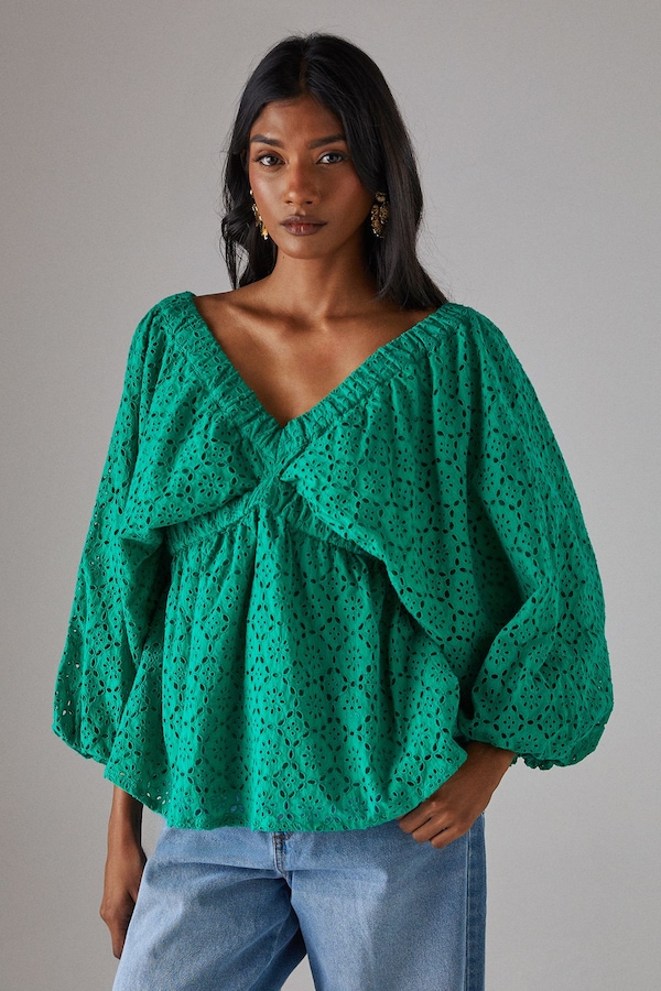 Warehouse Blouson Broderie Top With Grown On Sleeve Bright Green