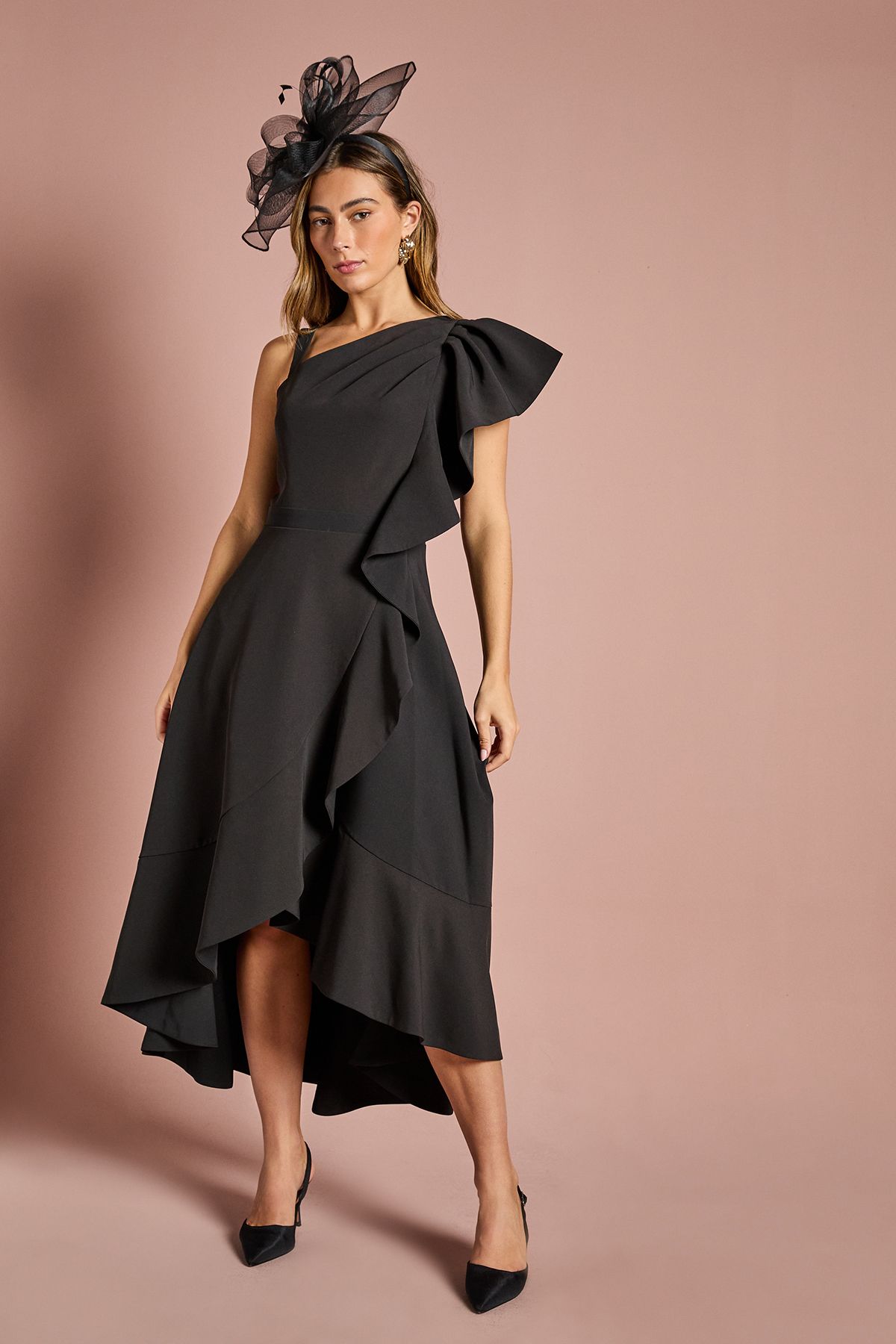 Coast One Shoulder Crepe Ruffle Midi Dress Black image 1
