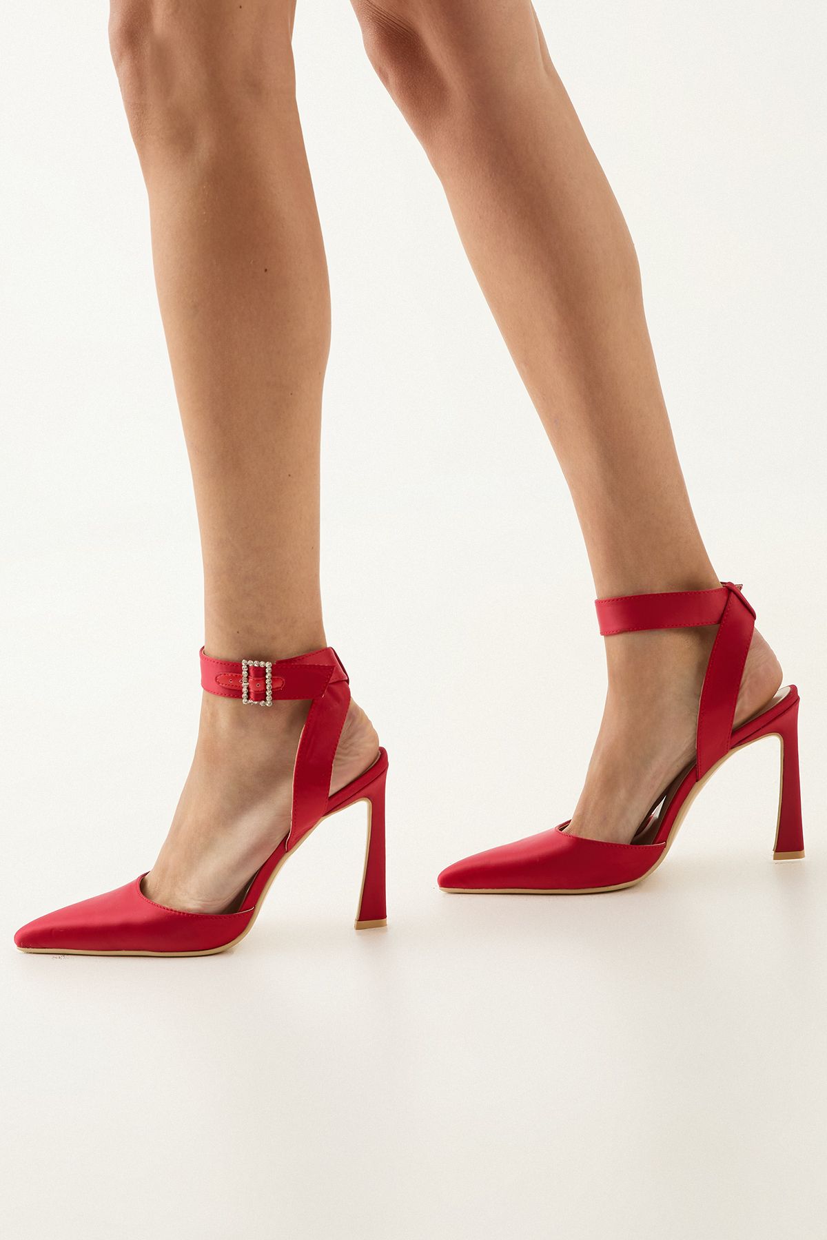 MissPap Satin Embellished Buckle High Flared Stiletto Court Shoes Red image 1