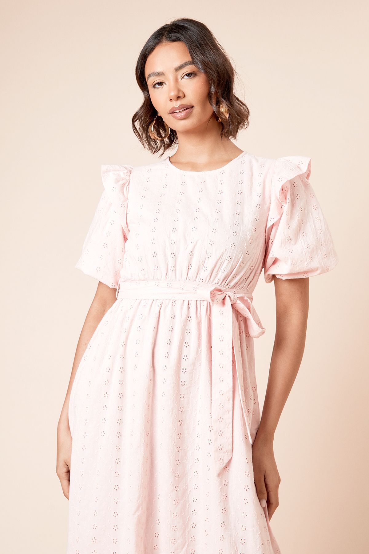 Dorothy Perkins Cutwork Ruffle Sleeve Puff Sleeve Midi Dress Pink image 4