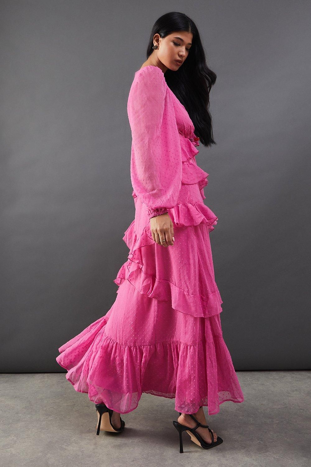 Warehouse Pink Chiffon Plunge Neck Ruffle Detail Volume Sleeve Maxi ...