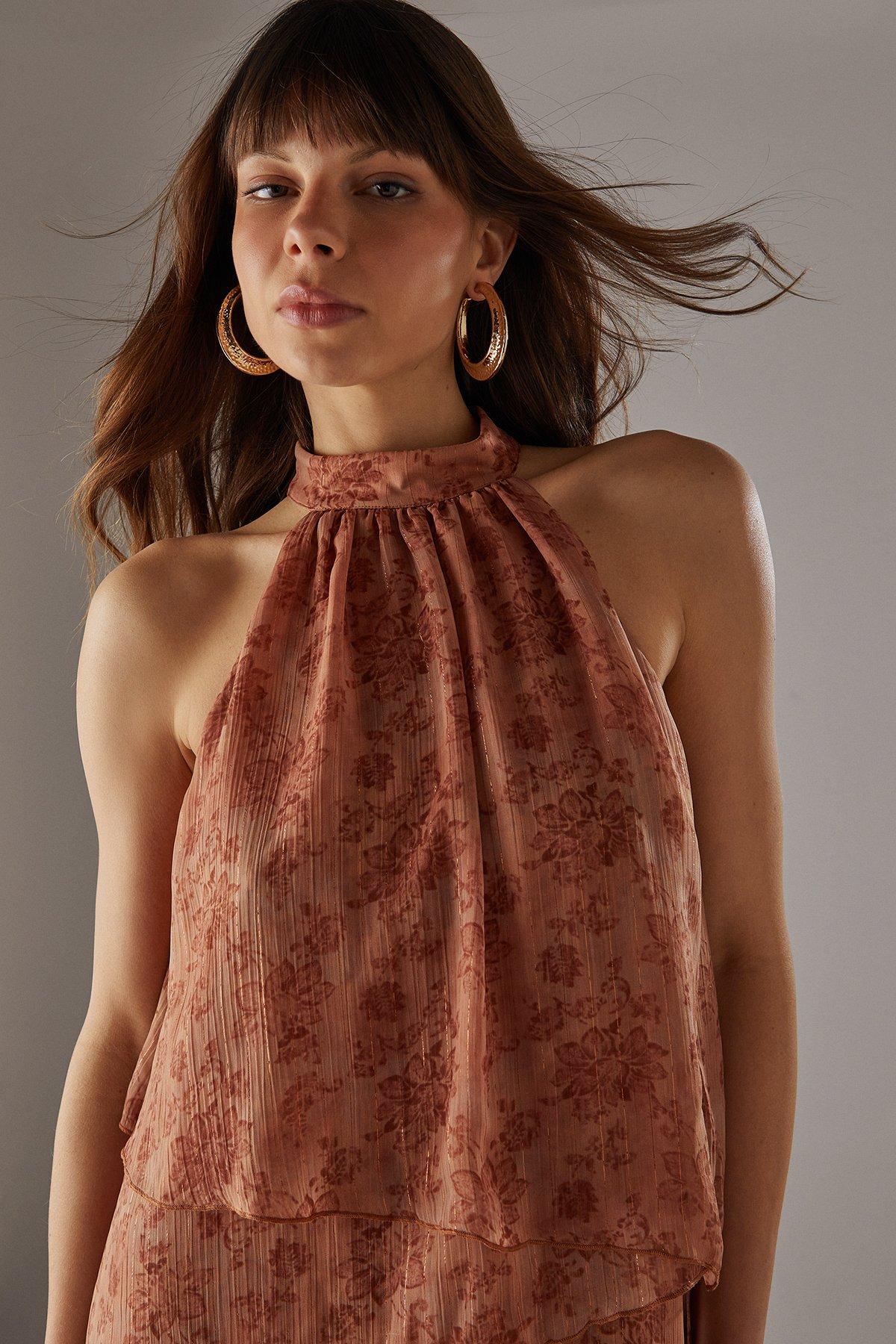 Warehouse Chiffon Halter Ruffle Layer Maxi Dress Rust image 2