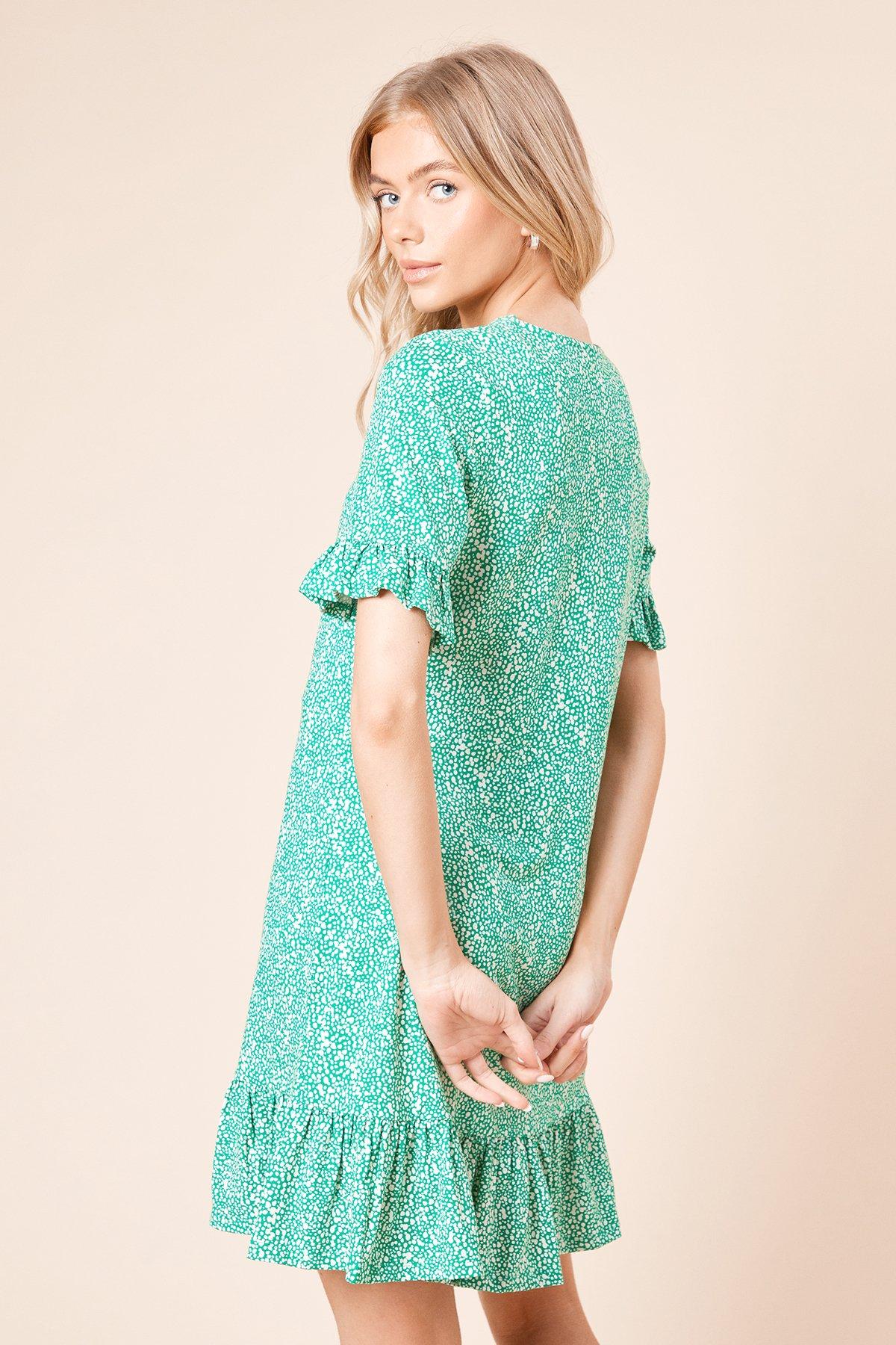 Dorothy Perkins Short Sleeve Green Spot Frill Hem Mini Dress Green image 4