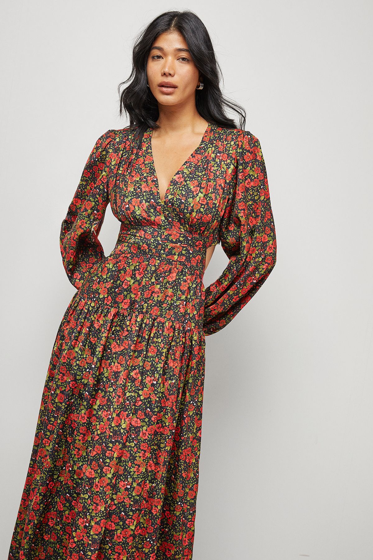 Warehouse Premium Satin Open Back Maxi Dress Floral image 2