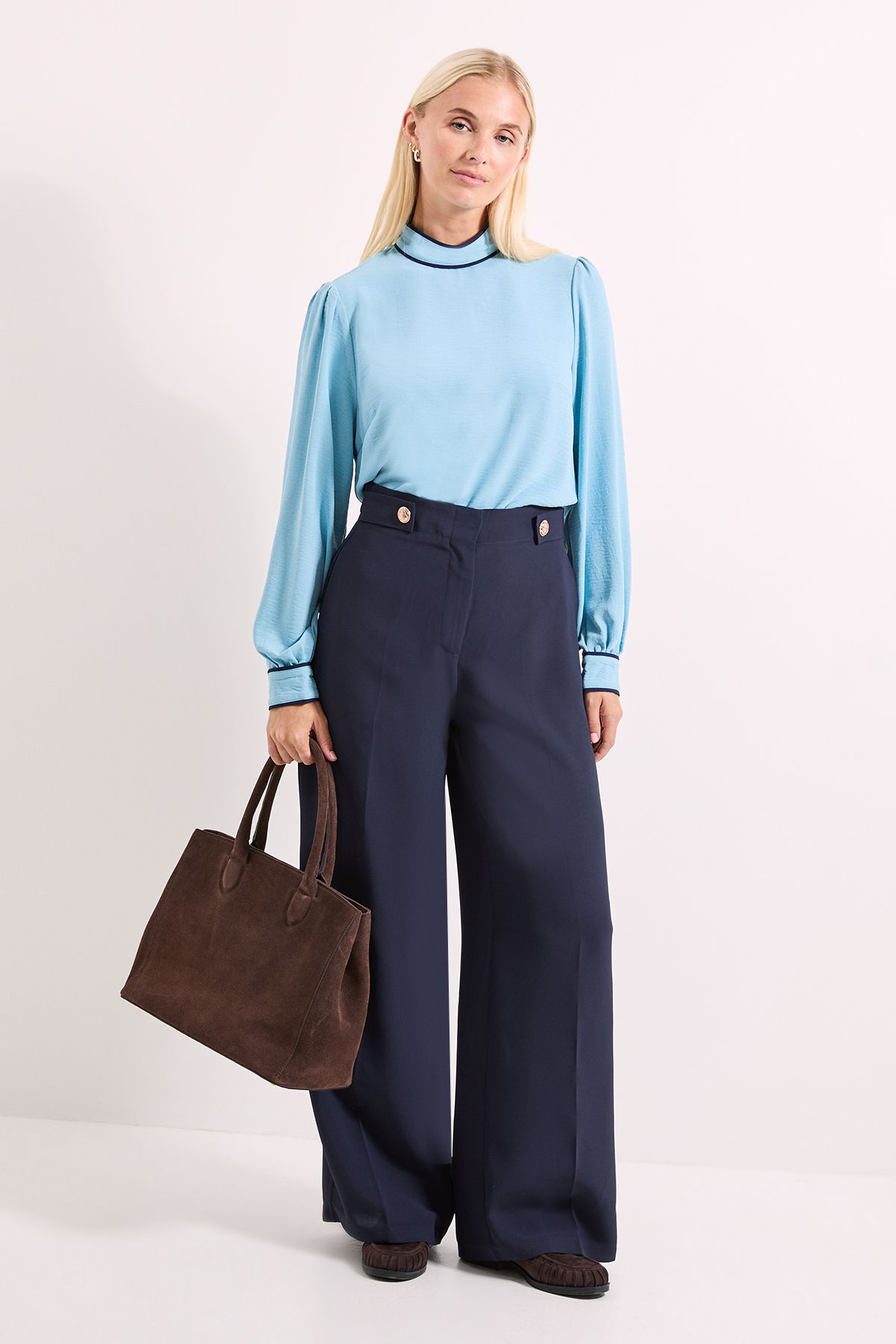 Principles Blue Piping Detail High Neck Blouson Sleeve Blouse Blue image 4