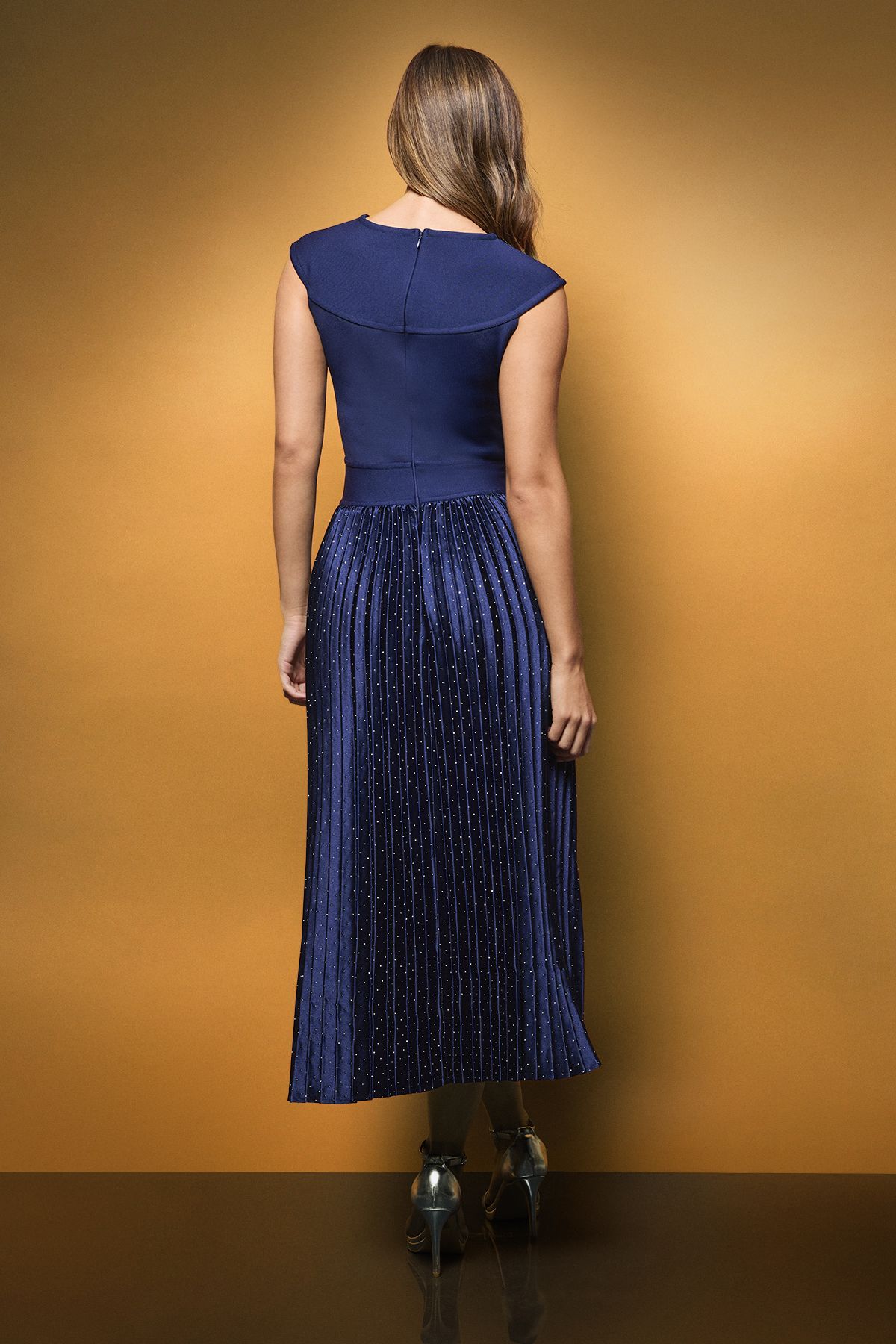 Coast Knitted Bodice Hotfix Pleated Satin Skirt Midi Dress Navy image 3