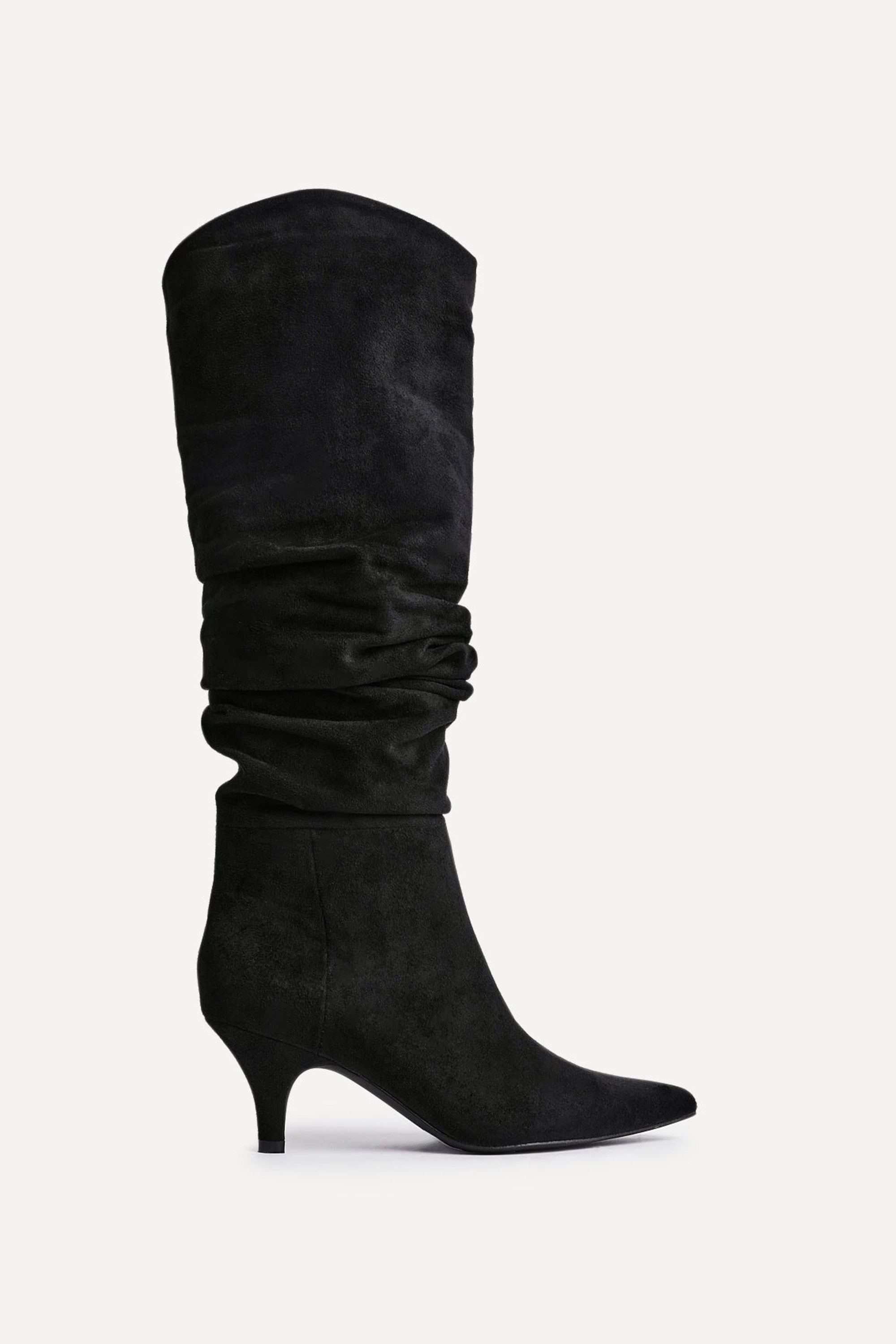 Linzi Esteem Black Faux Suede Ruched Kitten Heel Knee High Boot image 1