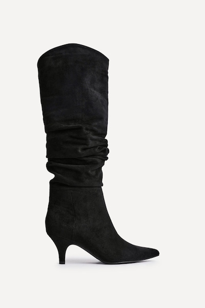 Linzi Esteem Black Faux Suede Ruched Kitten Heel Knee High Boot