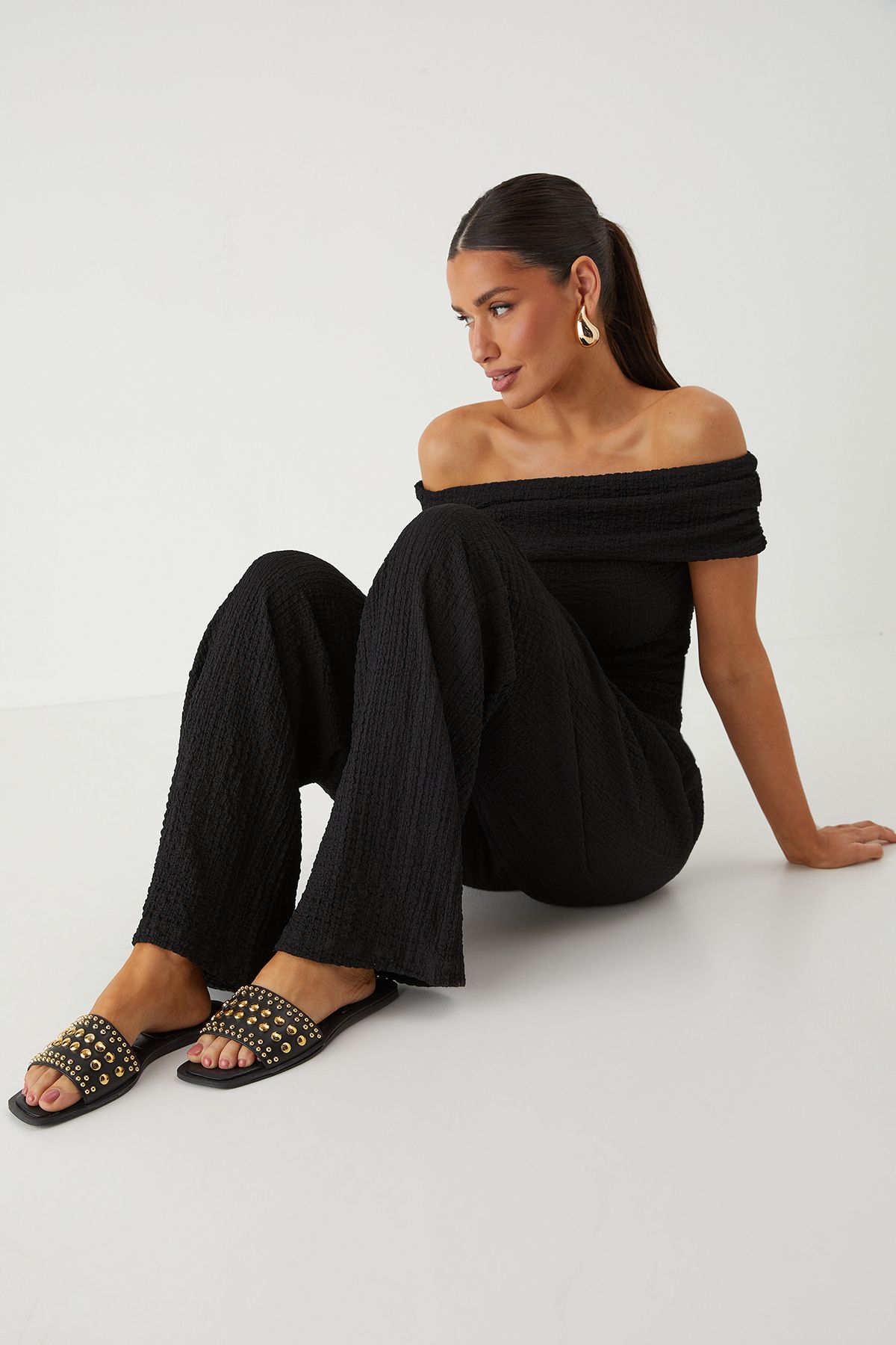 MissPap Studded Square Toe Sliders Black image 1