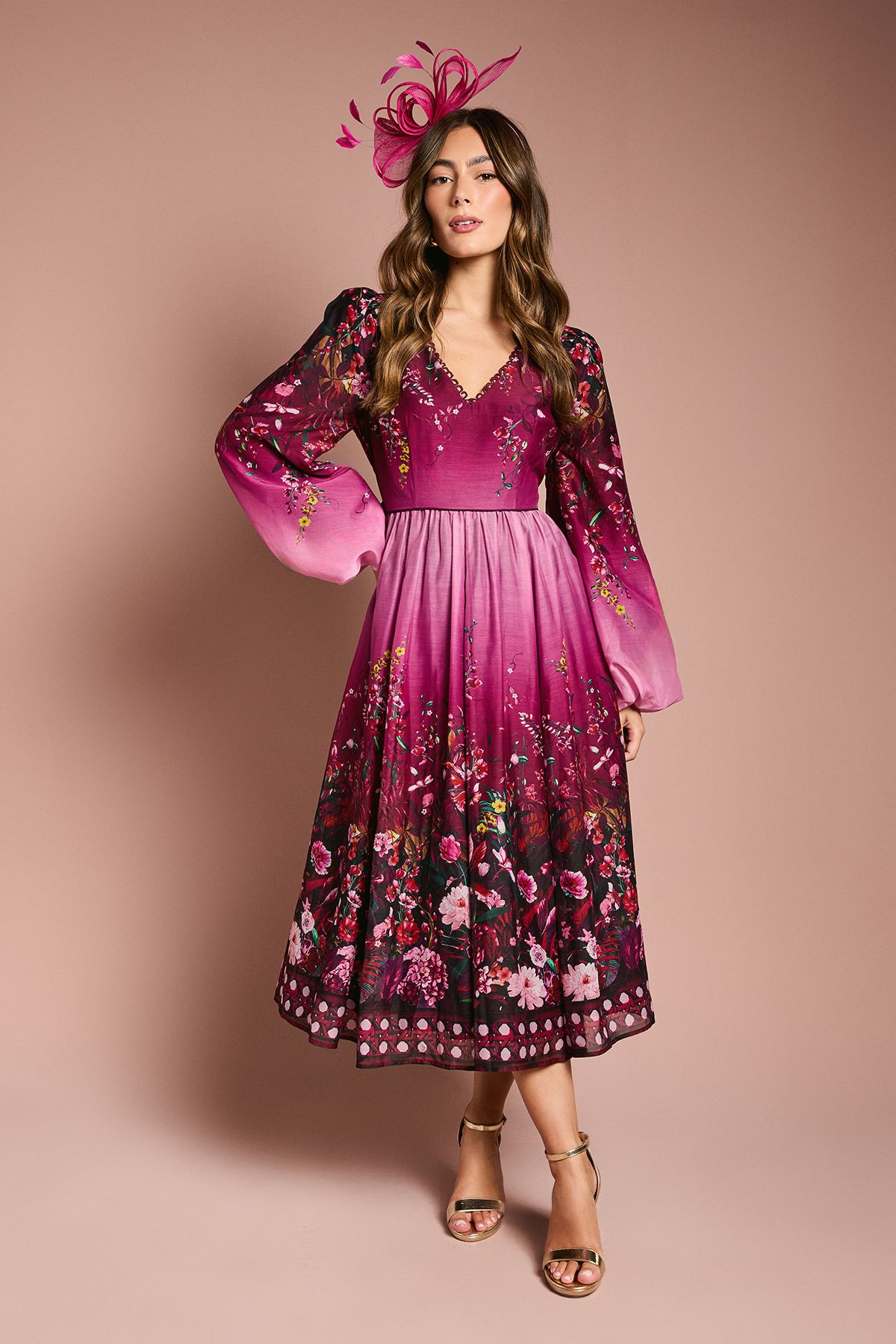 Coast Long Sleeve V Neck Boarder Floral Print Midi Dress Berry image 1