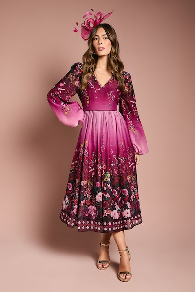 Coast Long Sleeve V Neck Boarder Floral Print Midi Dress Berry