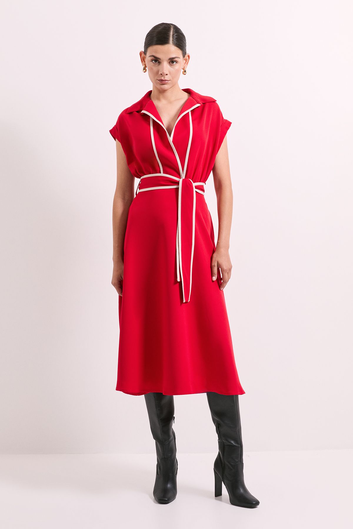 Principles Red Contrast Tie Waist Midi Dress Red image 1