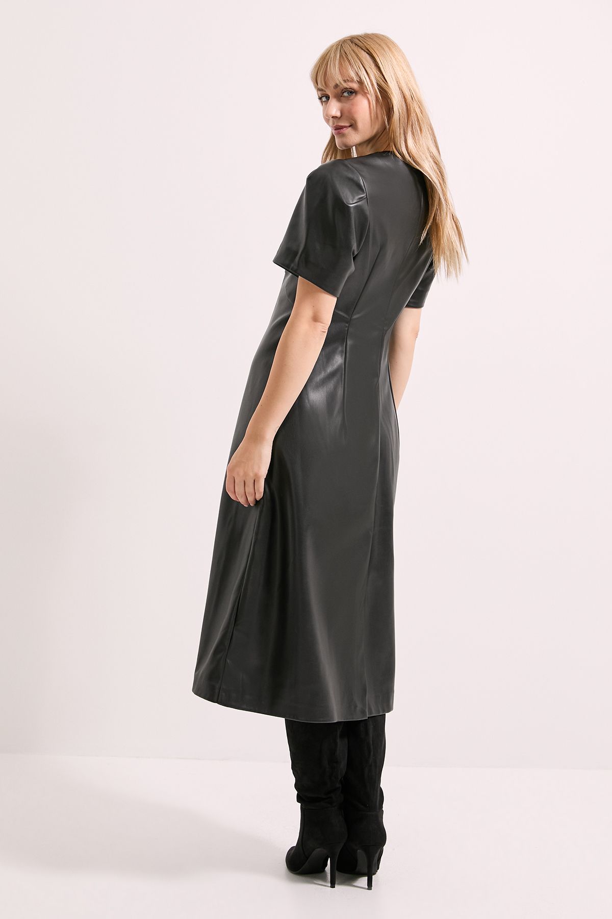 Principles Black V Neck Fit & Flare PU Midi Dress Black image 3