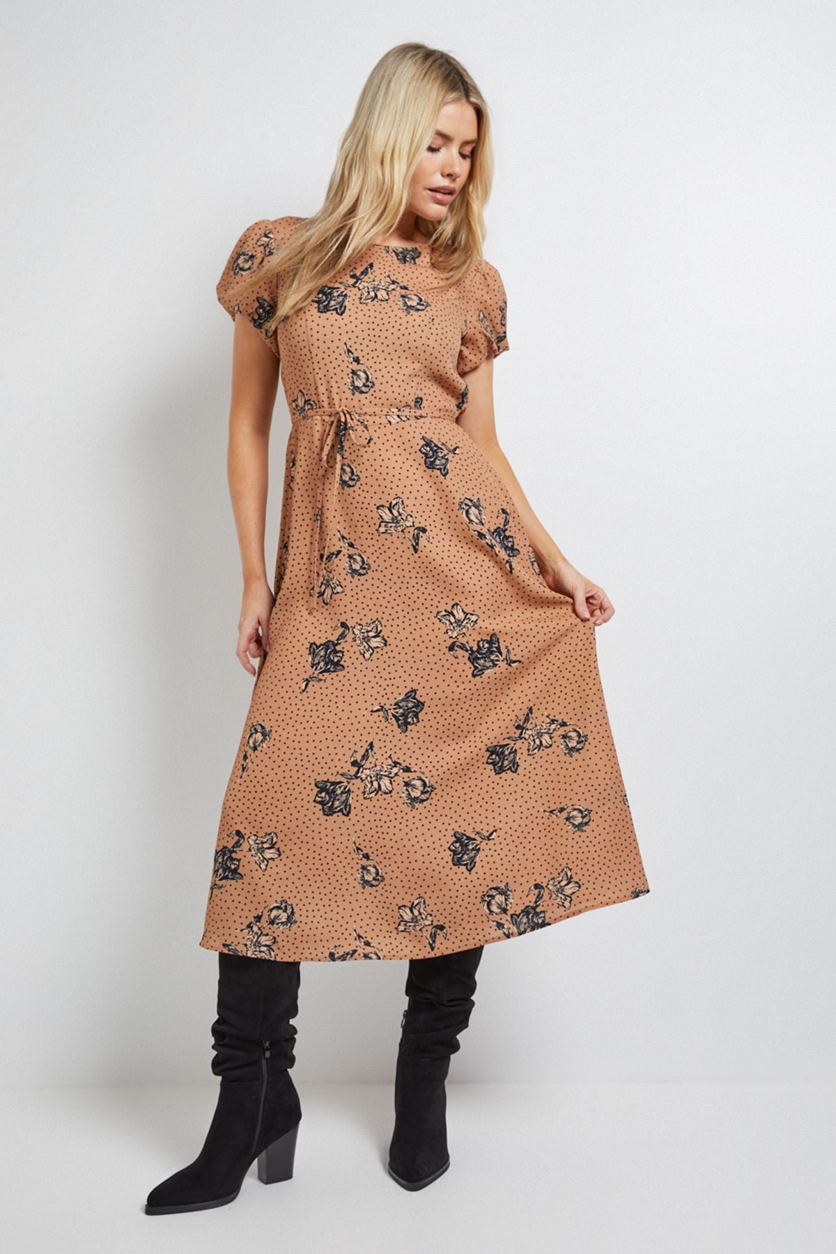 Dorothy Perkins Stone Floral Tie Back Detail Puff Sleeve Midi Dress Stone image 1