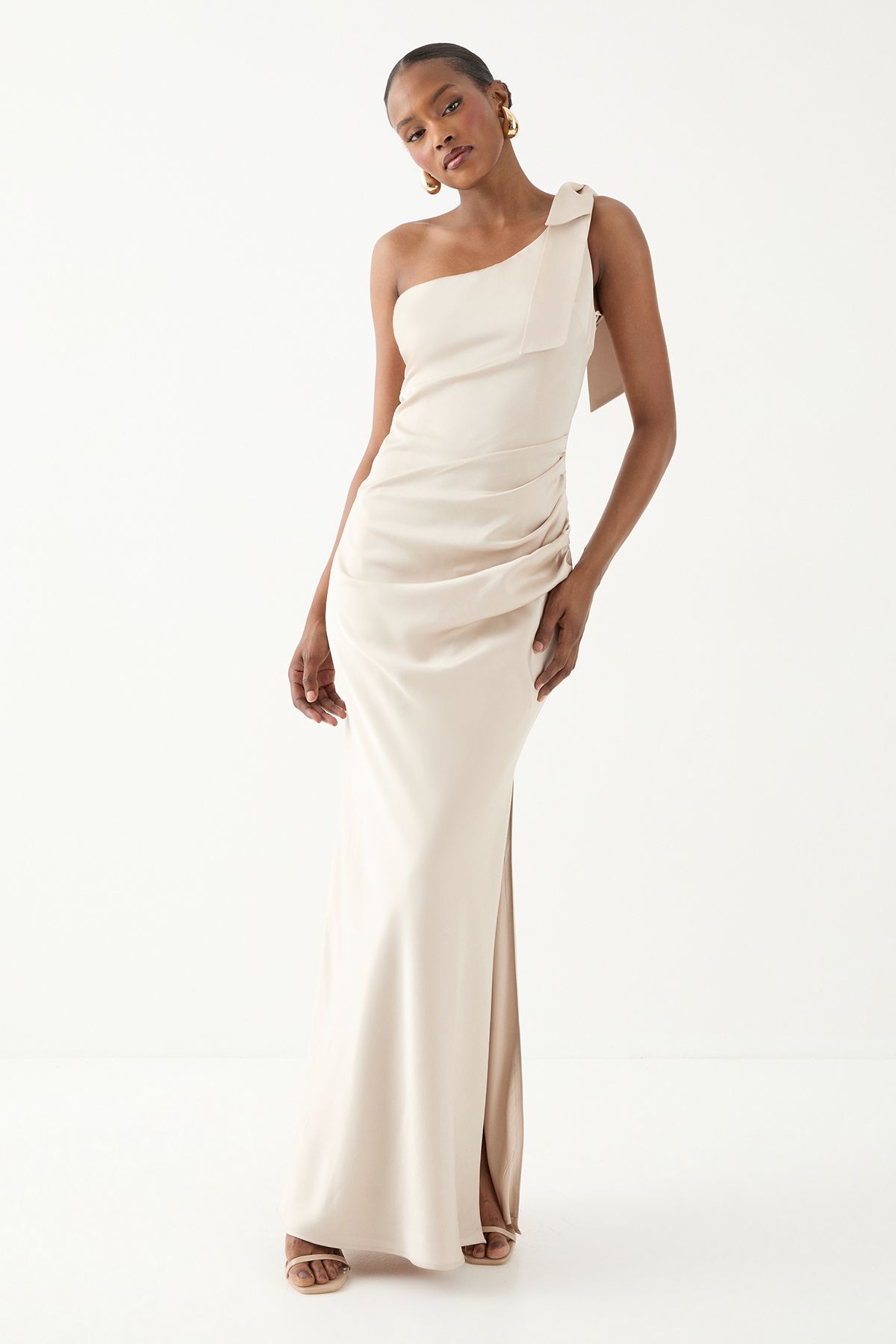 MissPap Asymmetric Shoulder Bow Detail Bridesmaid Dress Champagne image 1