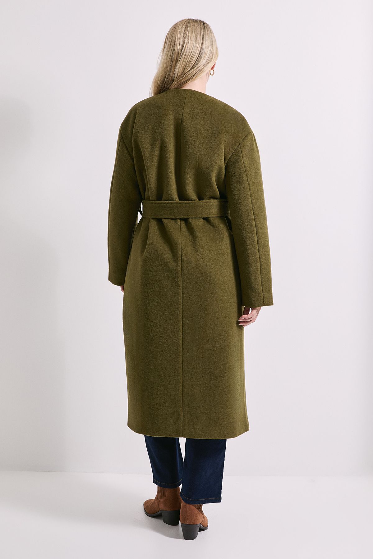 Dorothy Perkins Belted Round Neck Scarf Coat Olive image 3