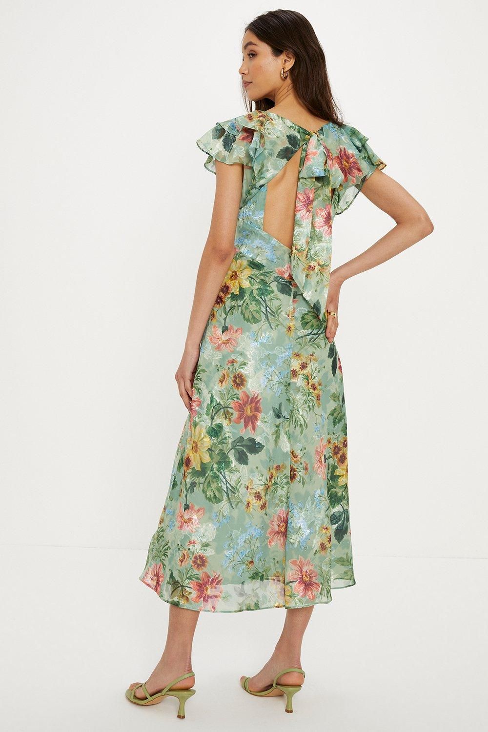 Oasis Soft Floral Satin Burnout Ruffle Midi Dress Sage image 3