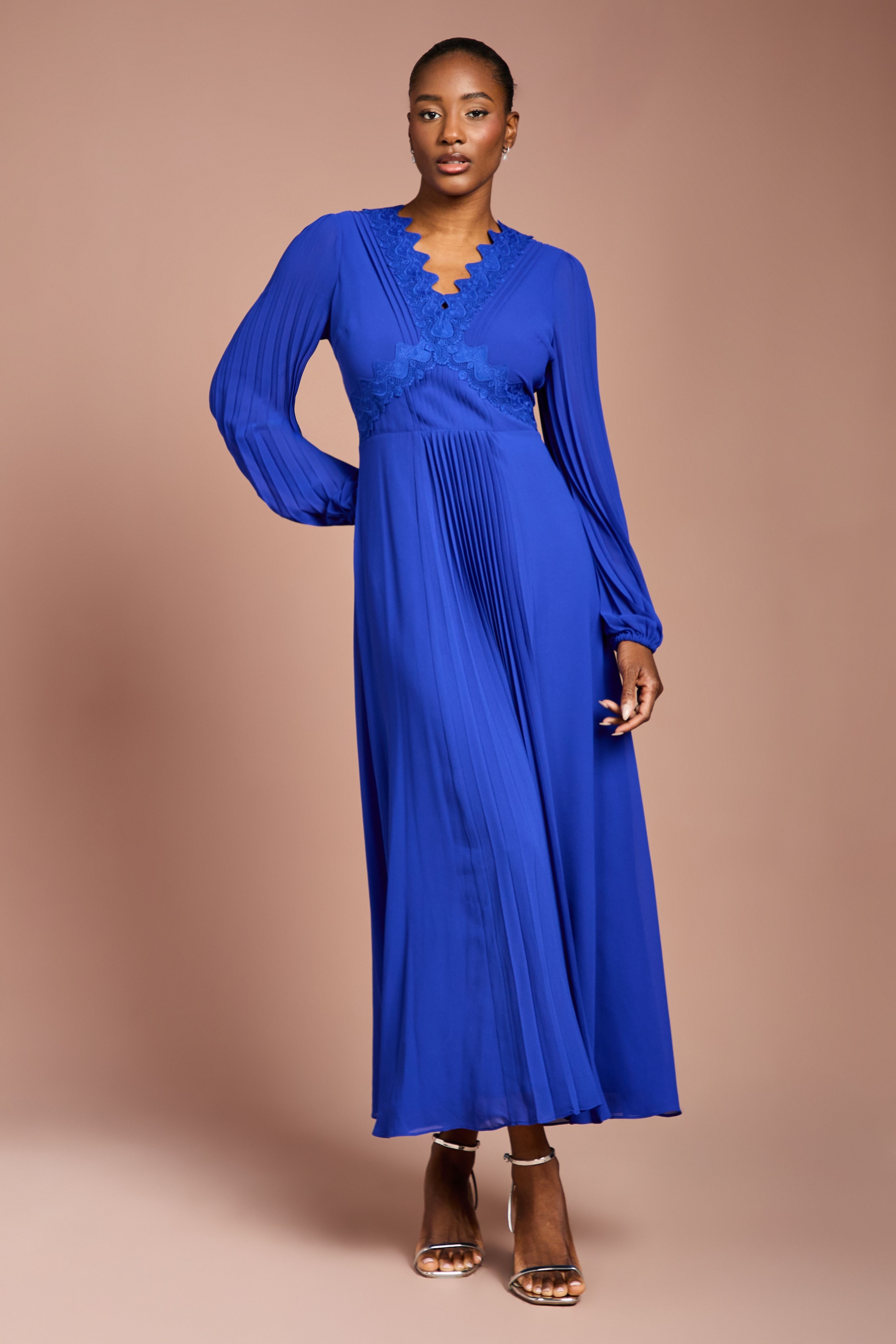Coast Pleat Detail Lace Trim Maxi Dress Cobalt