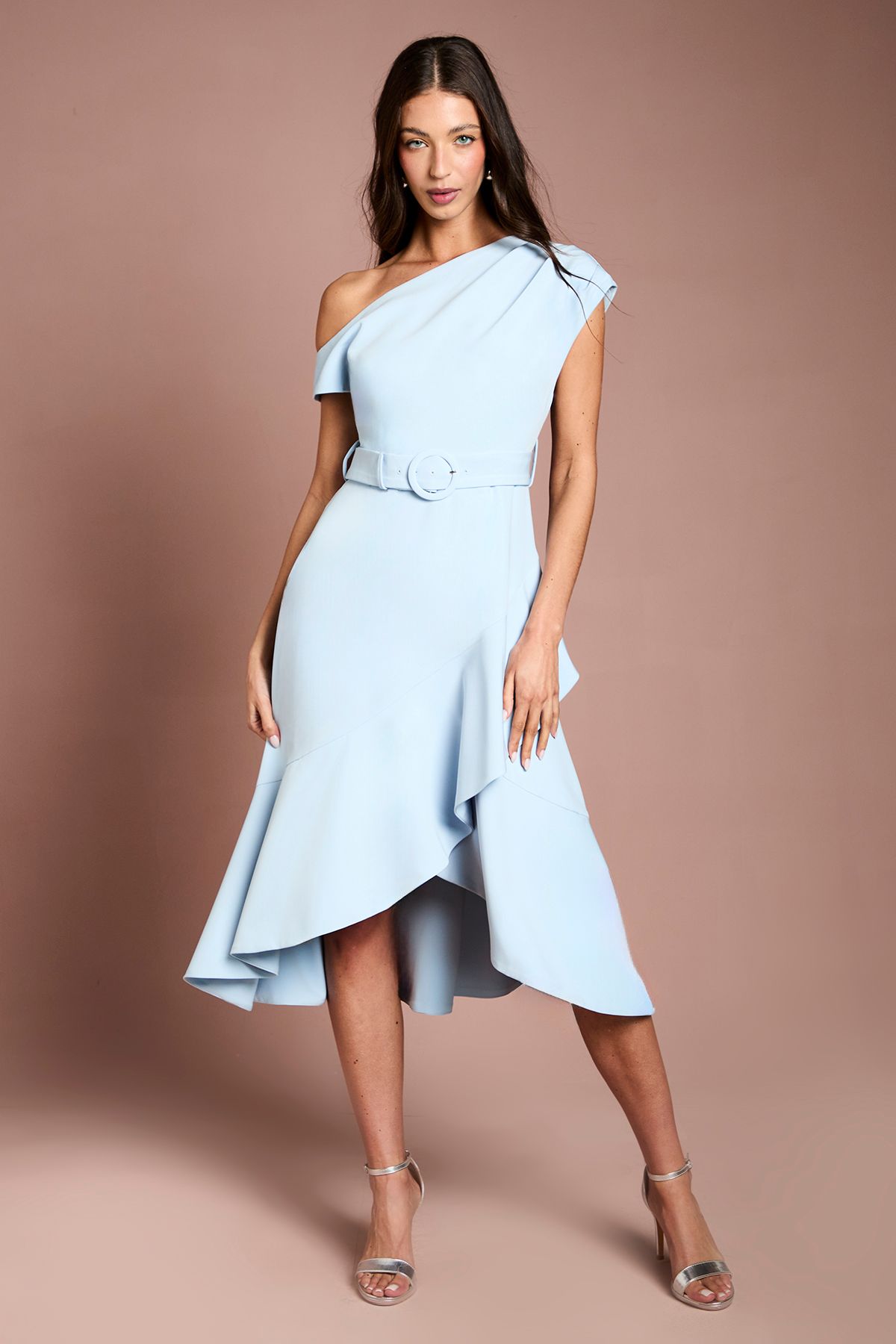 Coast Petite Drape Shoulder Frill Detail Crepe Midi Dress Light Blue
