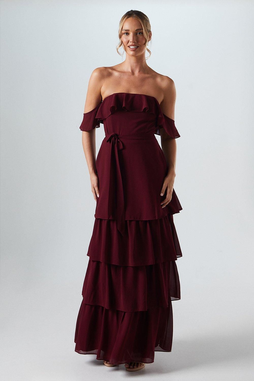 Oasis Bardot Tiered Georgette With Tie Detail Bridesmaid Dress Berry image 1
