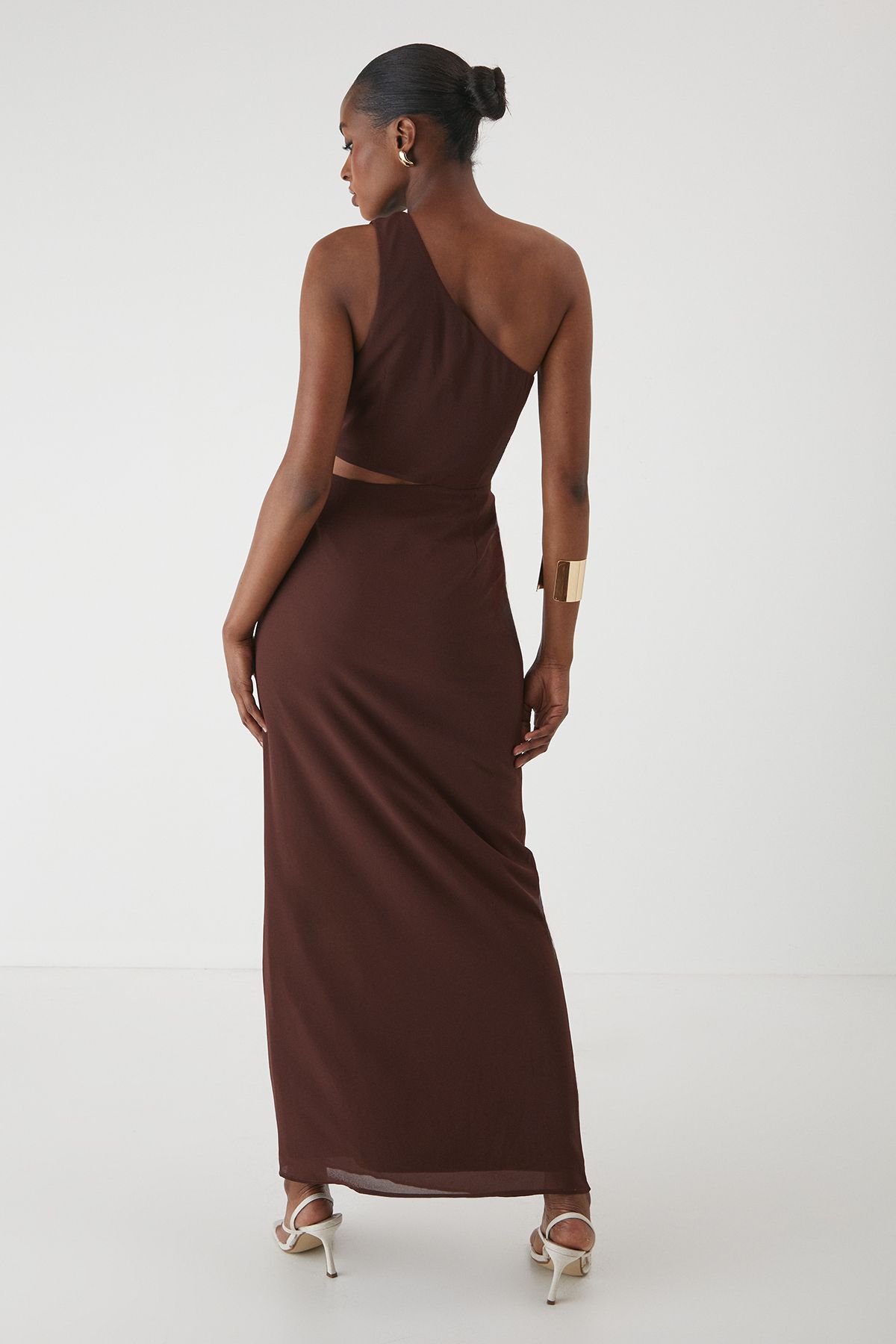 MissPap Asymmetric Shoulder Cut Out Ruched Maxi Dress Chocolate image 3