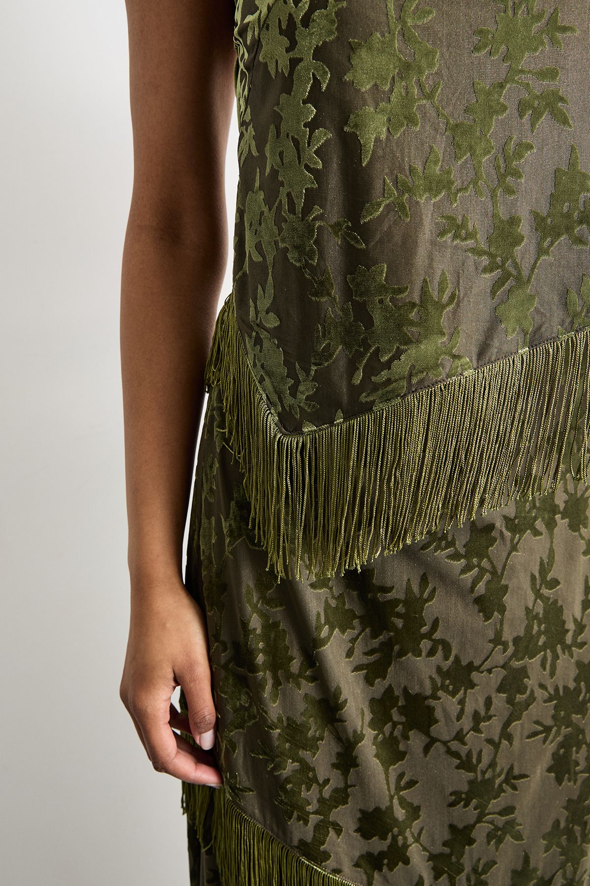 Warehouse Devore One Shoulder Fringe Cami Top Khaki image 4