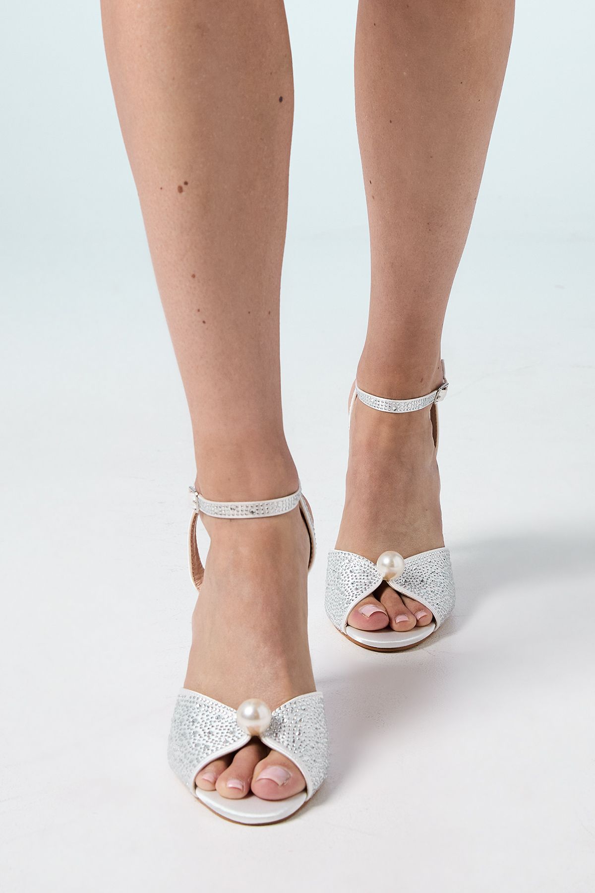 Coast Bridal Tracie Satin Diamante Pearl Trim High Stiletto Heel Sandals White image 2