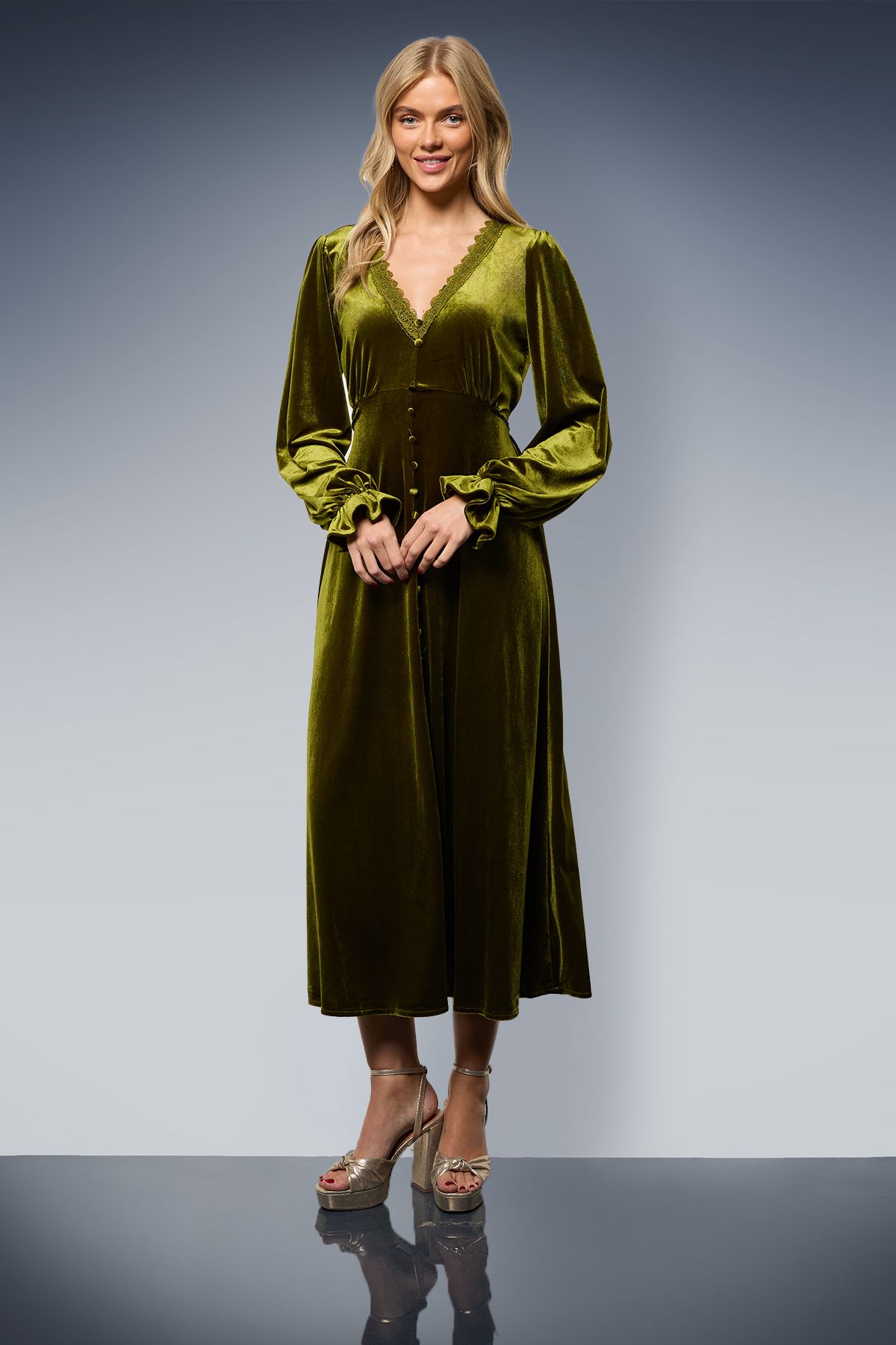 Oasis Velvet Lace Trim Button Through Midi Dress Olive image 1