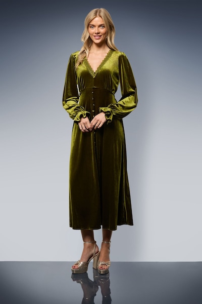 Oasis Velvet Lace Trim Button Through Midi Dress Olive