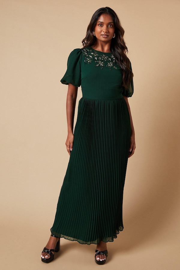 Oasis Occasion Embellished Pleated Maxi Dress Green