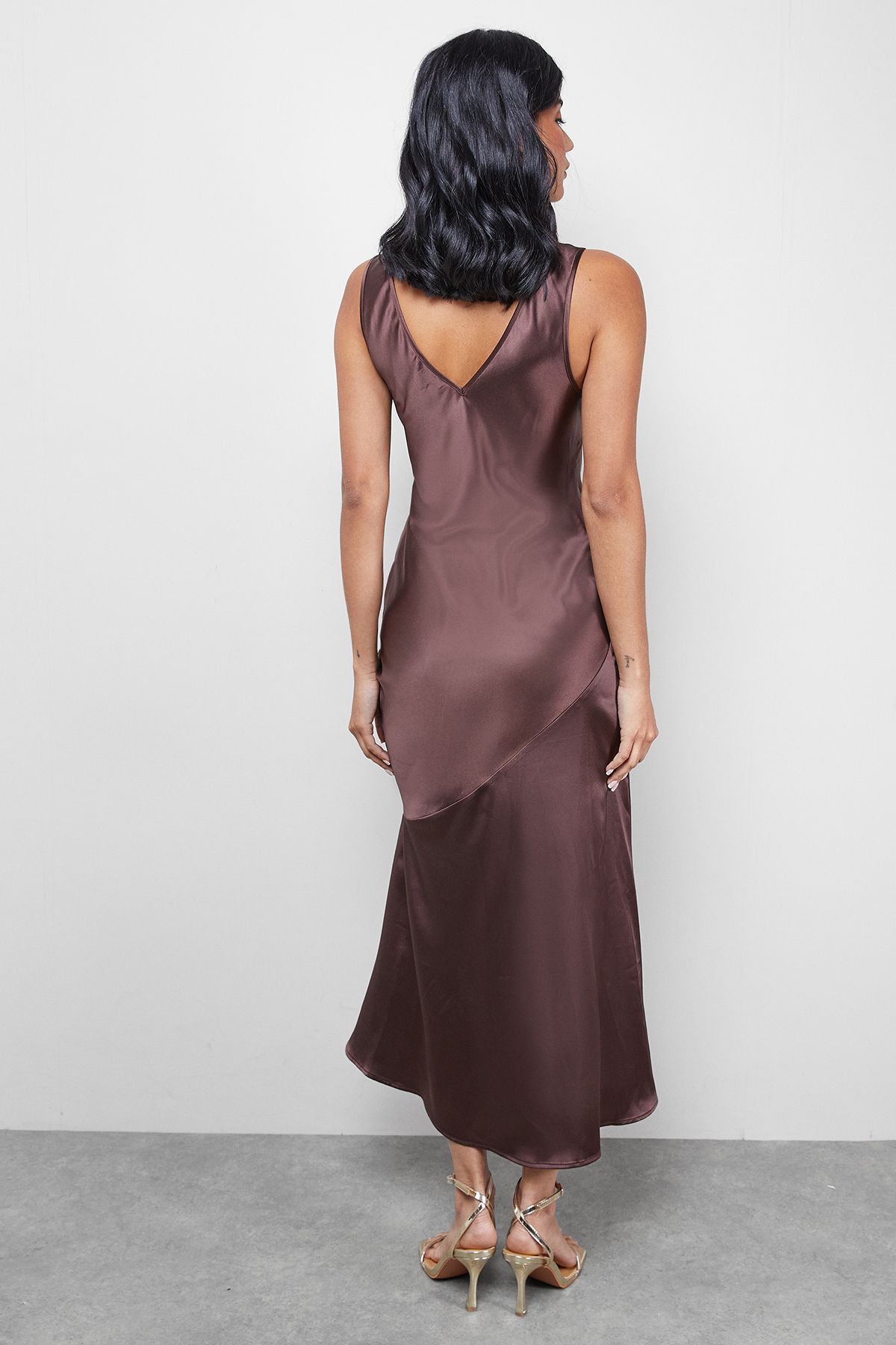 Warehouse Satin Scoop Neck Bias Midi Slip Dress Chocolate image 3