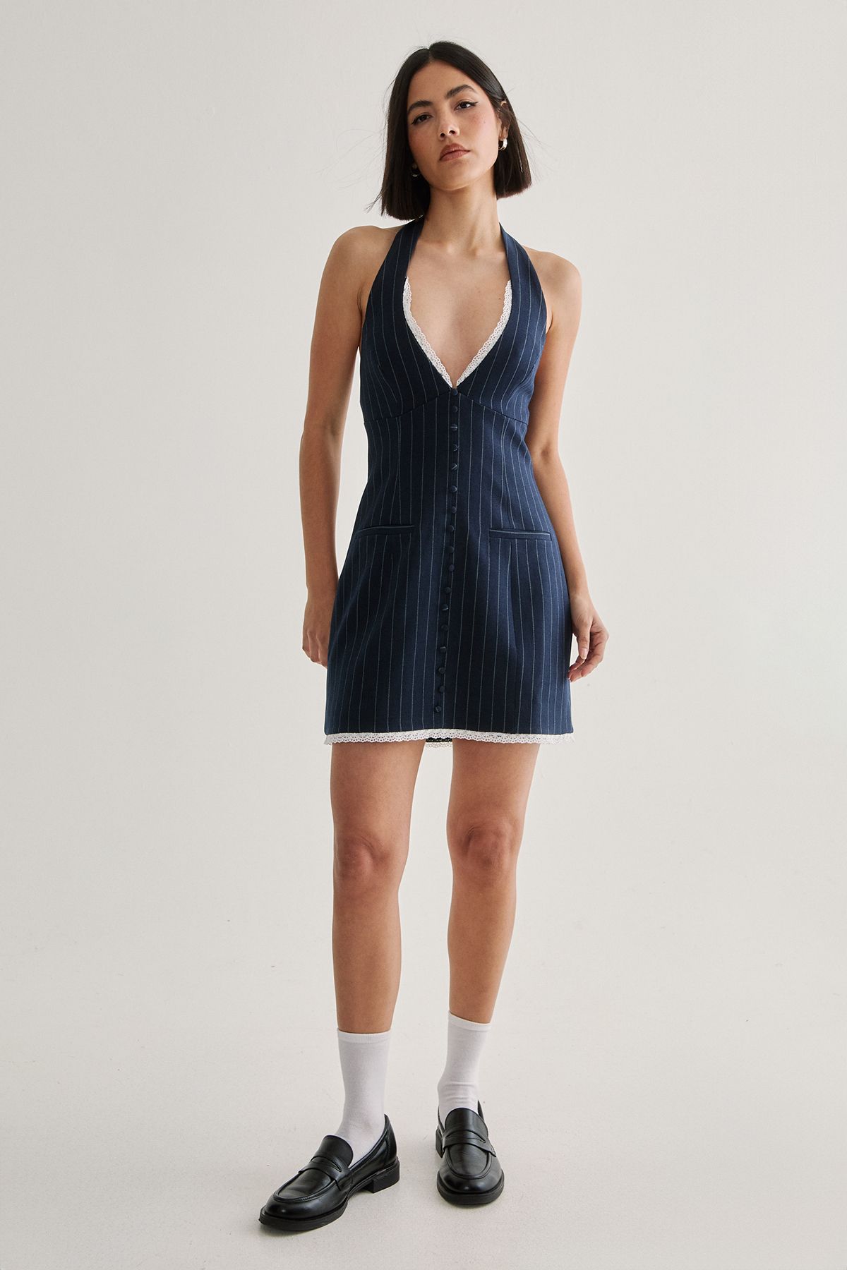 NastyGal Pinstripe Lace Trim Tailored Waistcoat Dress Denim-blue image 2