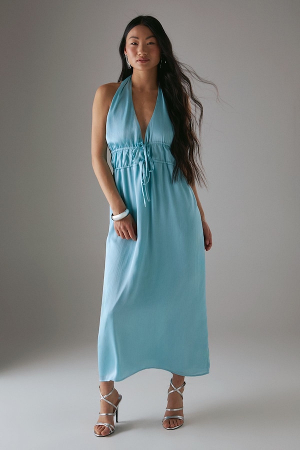 Warehouse Petite Crinkle Satin Halter Drawstring Waist Bias Midi Dress Aqua