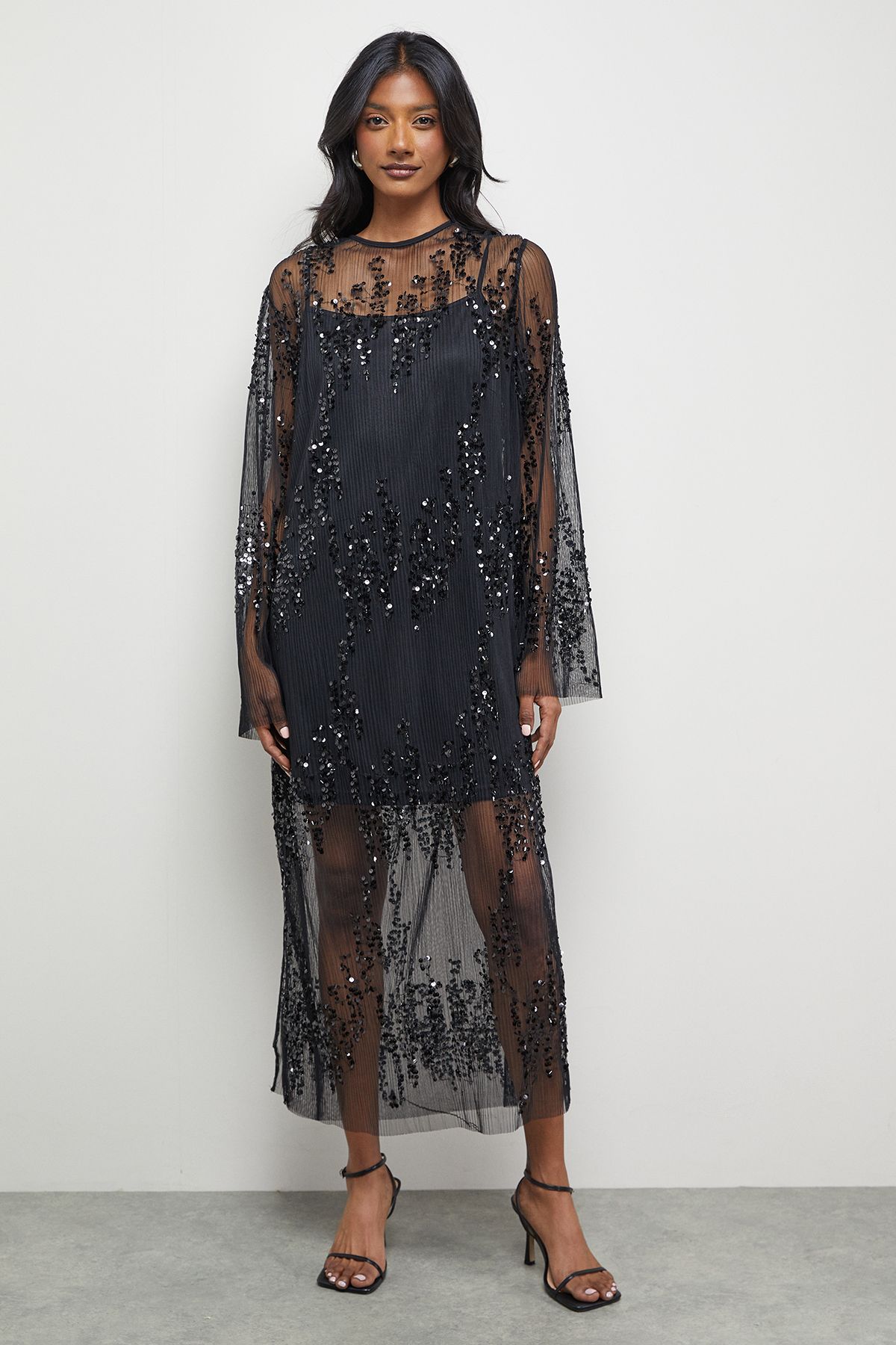 Warehouse Sequin Sheer Crinkle Column Midi Dress Black image 2