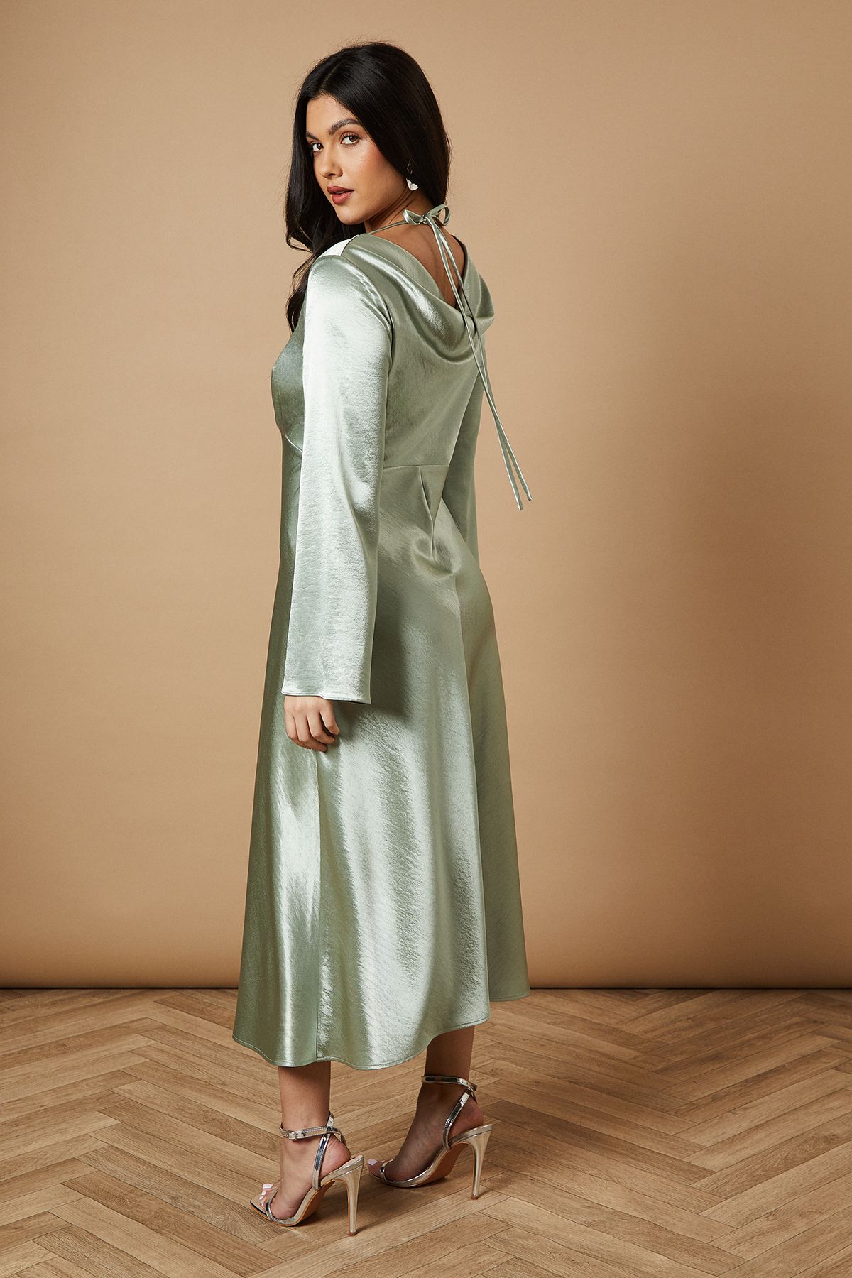 Oasis Metallic Satin Long Sleeve Midi Dress Sage image 3