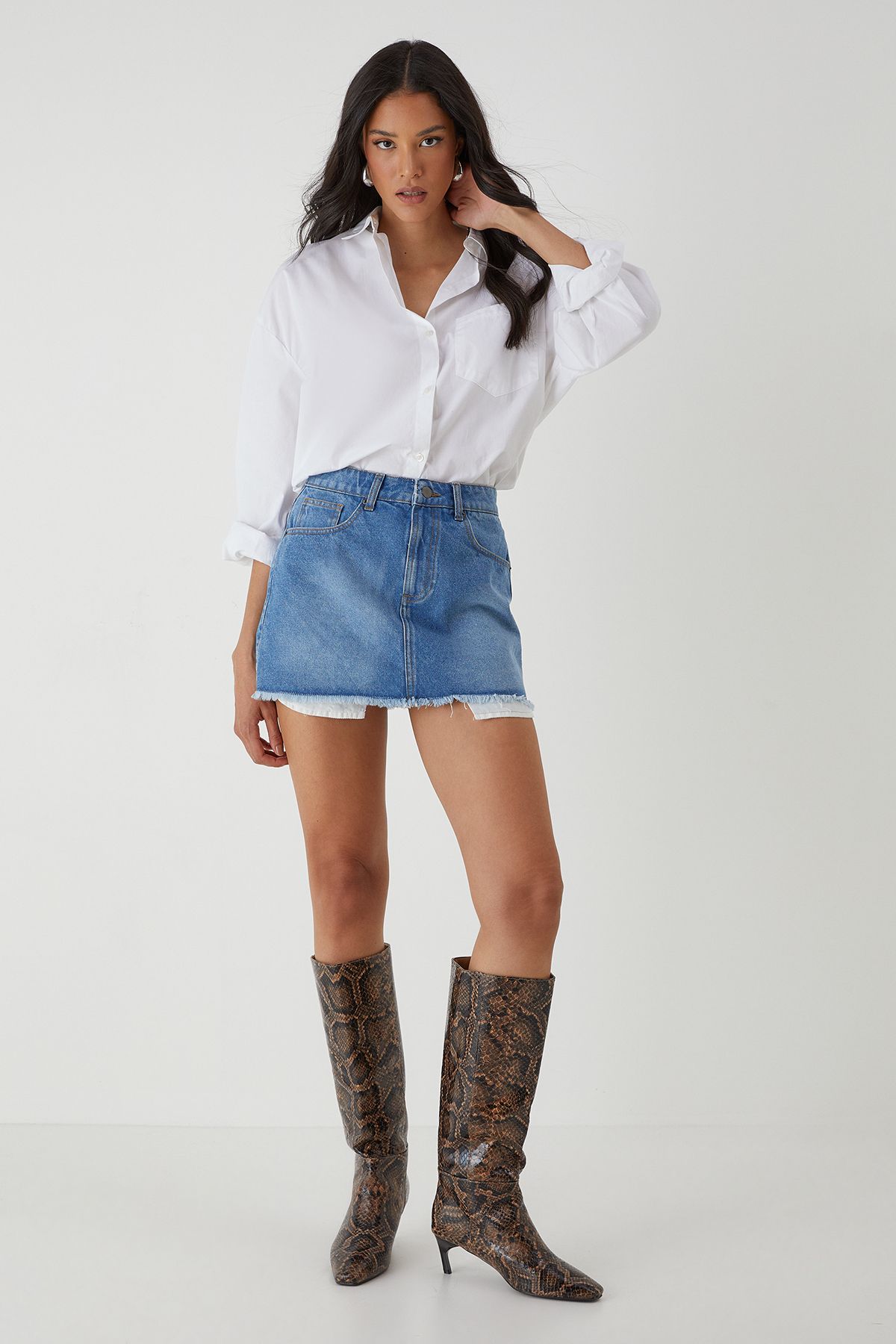 MissPap Denim Mini Skirt With Exposed Pocket Lining Mid Wash image 5