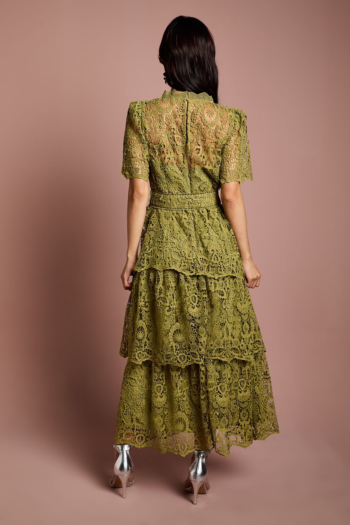 Coast Short Sleeve V Neck Tiered Lace Midi Dress Olive image 3