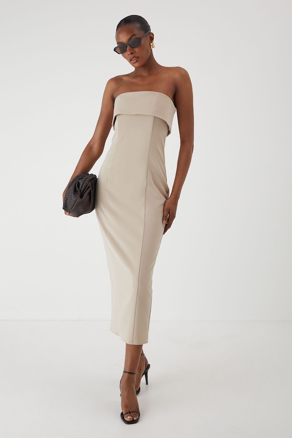 MissPap Bandeau Fold Over Midaxi Dress Ecru