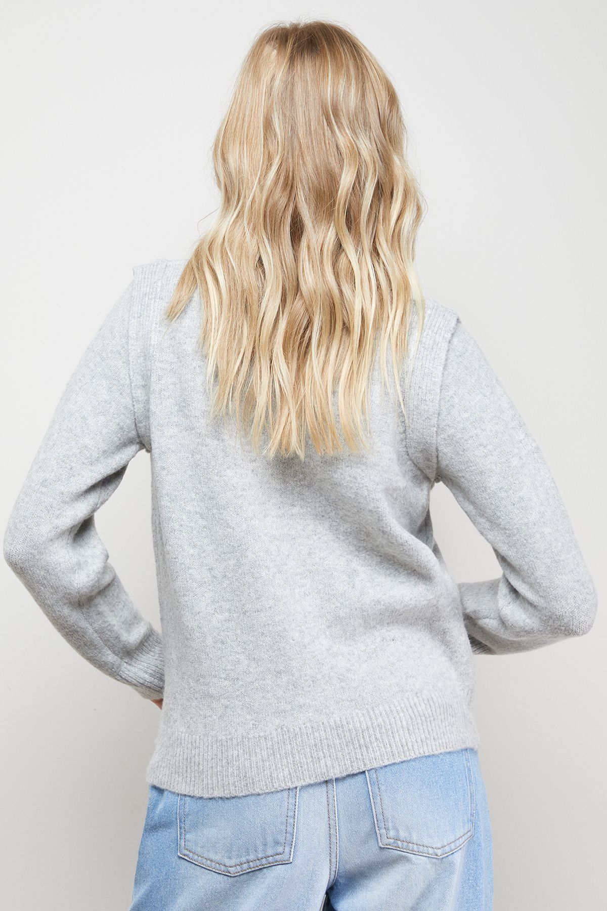 Oasis Floral Embellished Ribbed Shoulder Crew Neck Jumper Grey Marl image 3