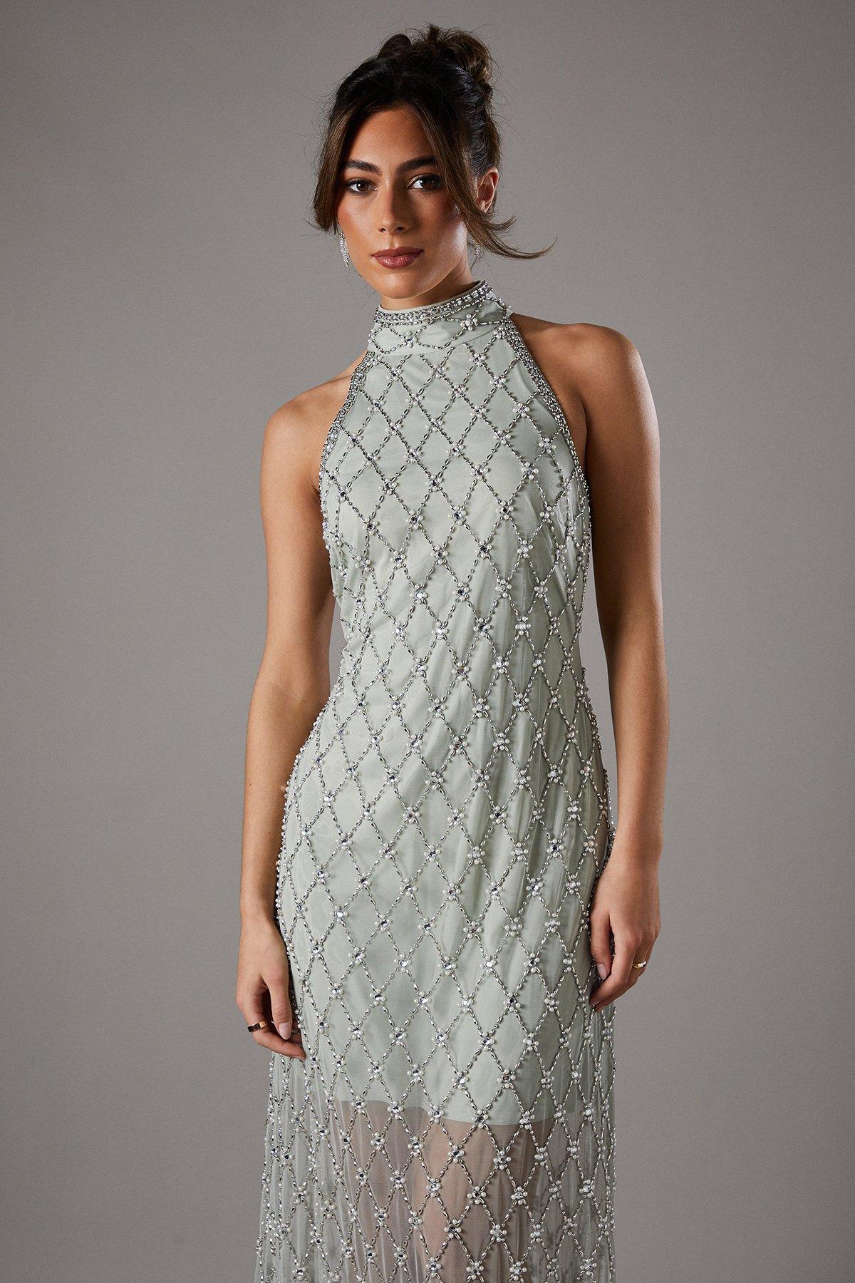Coast All Over Embellished High Neck Dress Sage image 3