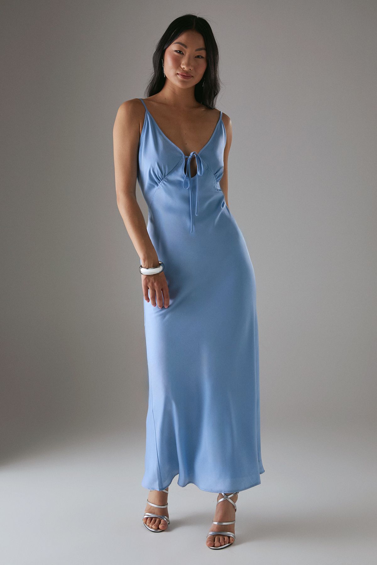Warehouse Petite Satin Strappy Tie Front Maxi Slip Dress Baby Blue image 1