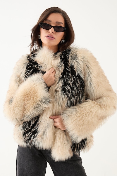 MissPap Collarless Faux Fur Coat Brown