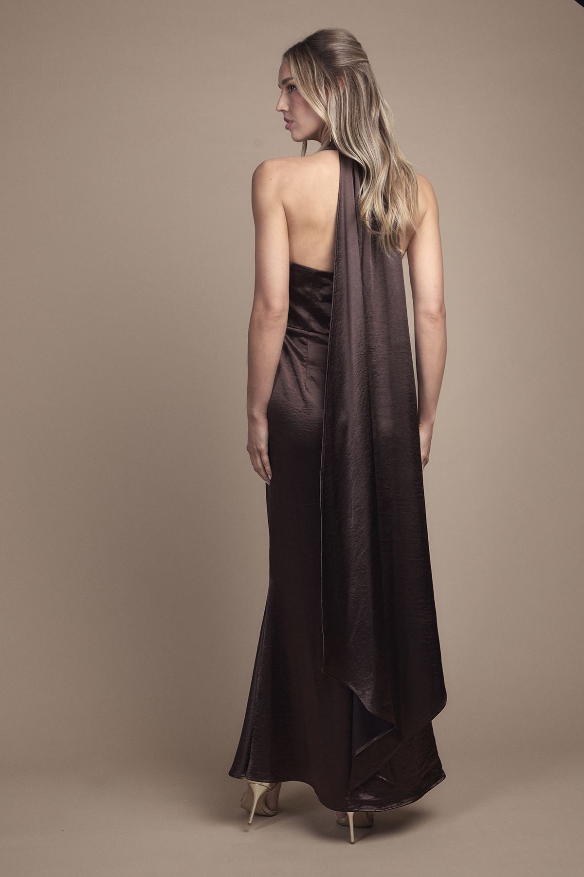 Coast Satin Halter Neck Key Hole Detail Maxi Bridesmaid Dress Chocolate image 4