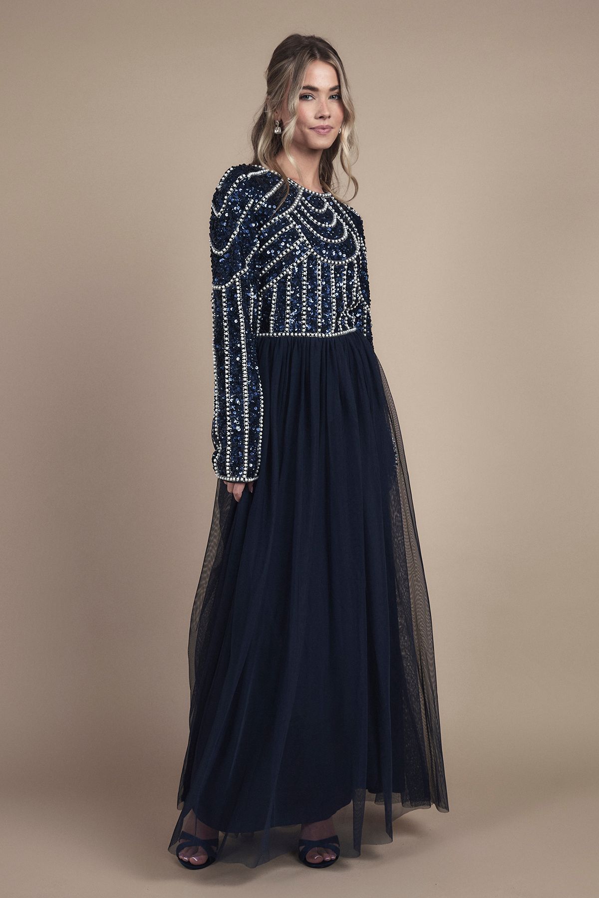 Coast Teen Pearl Embellished Bodice Bridesmaid Tulle Skirt Dress Navy image 4