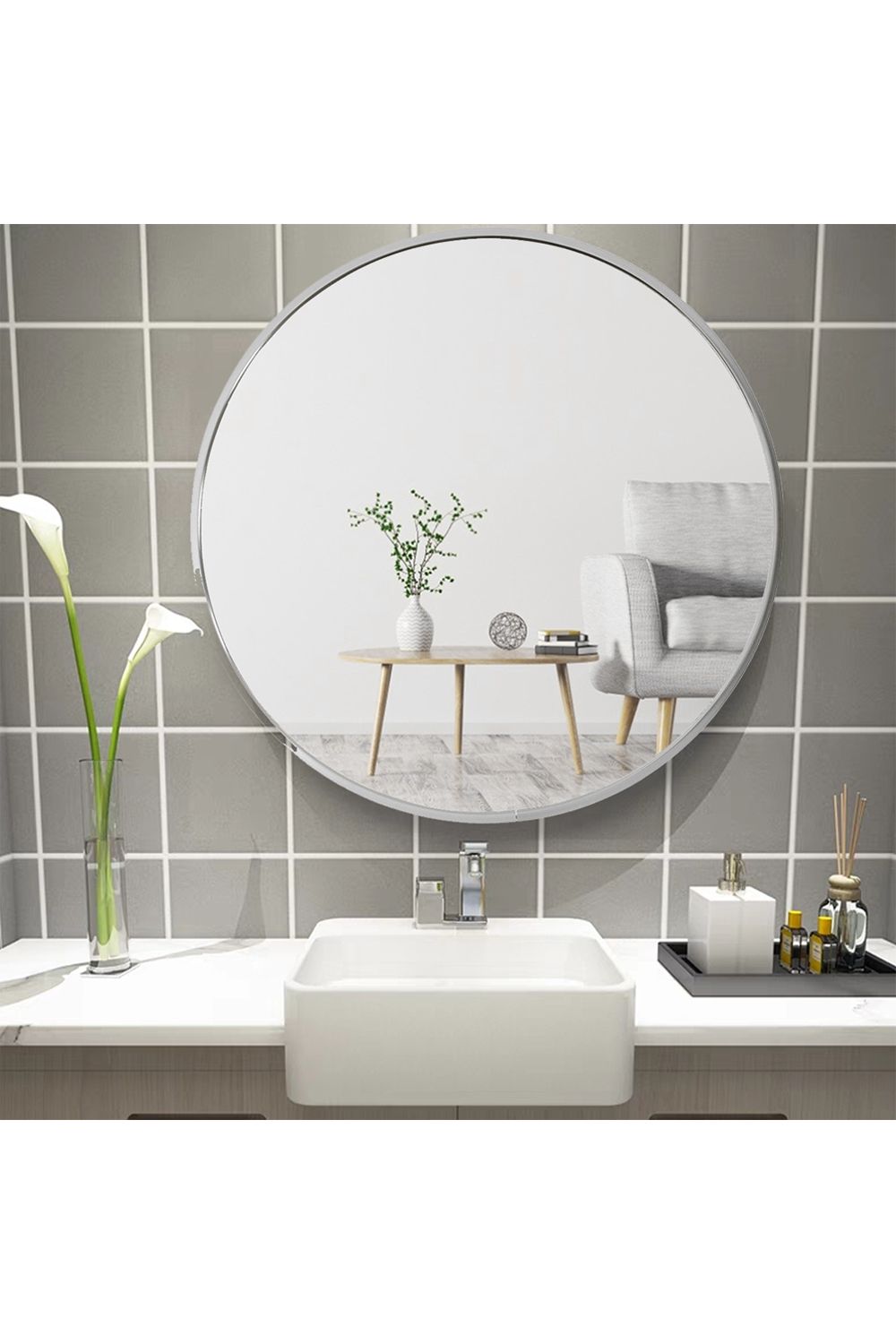 Living and Home Silver Round Metal Framed Bathroom Mirror image 2