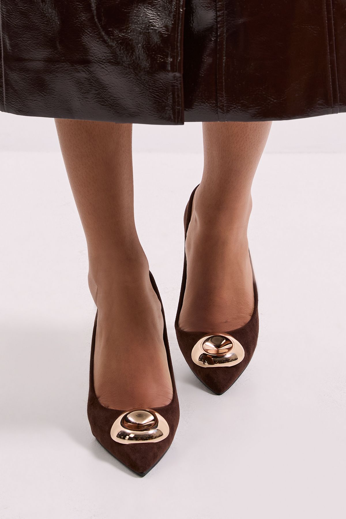 MissPap Faux Suede Metal Trim Detail High Stiletto Heel Court Shoes Chocolate image 3