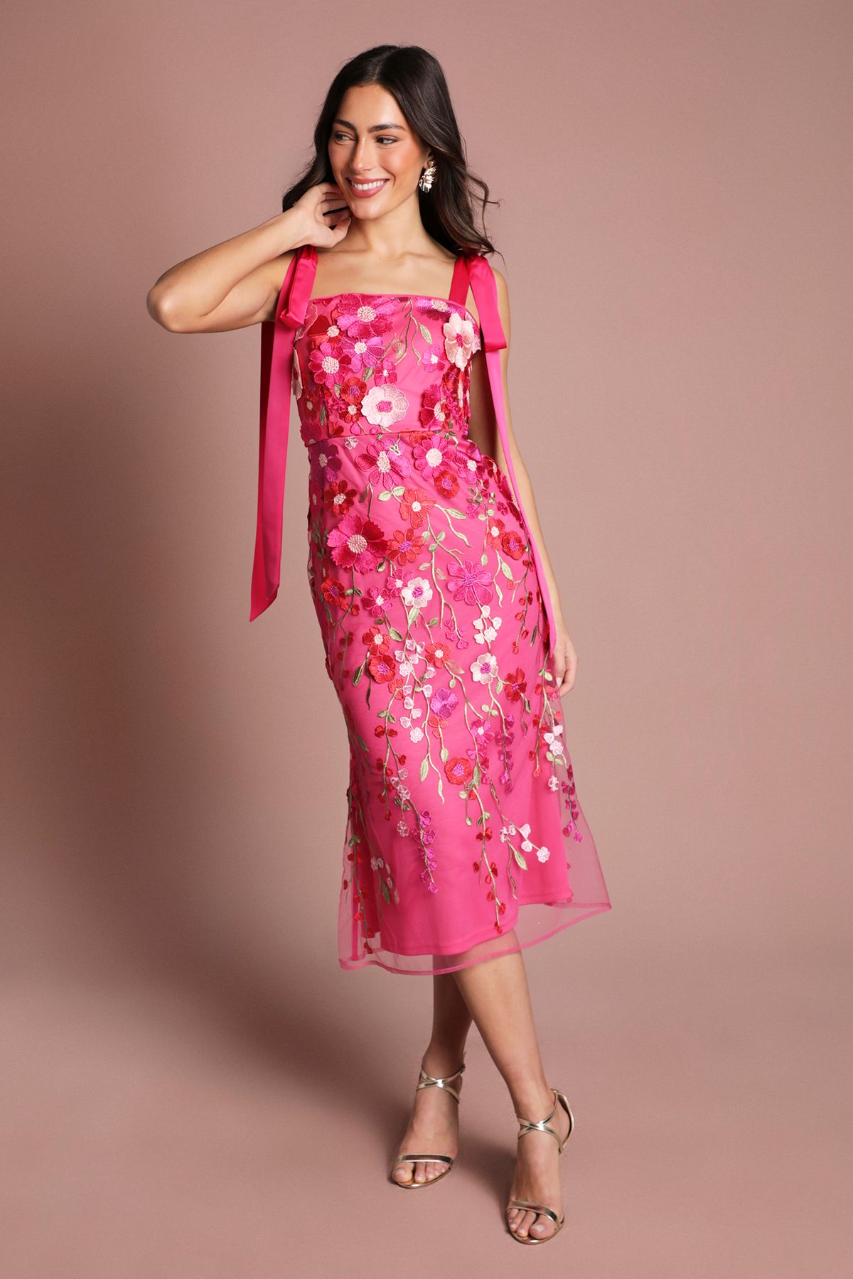 Coast Coast Muse 3D Floral Mesh With Tie Shoulder Midi Dress Hot Pink