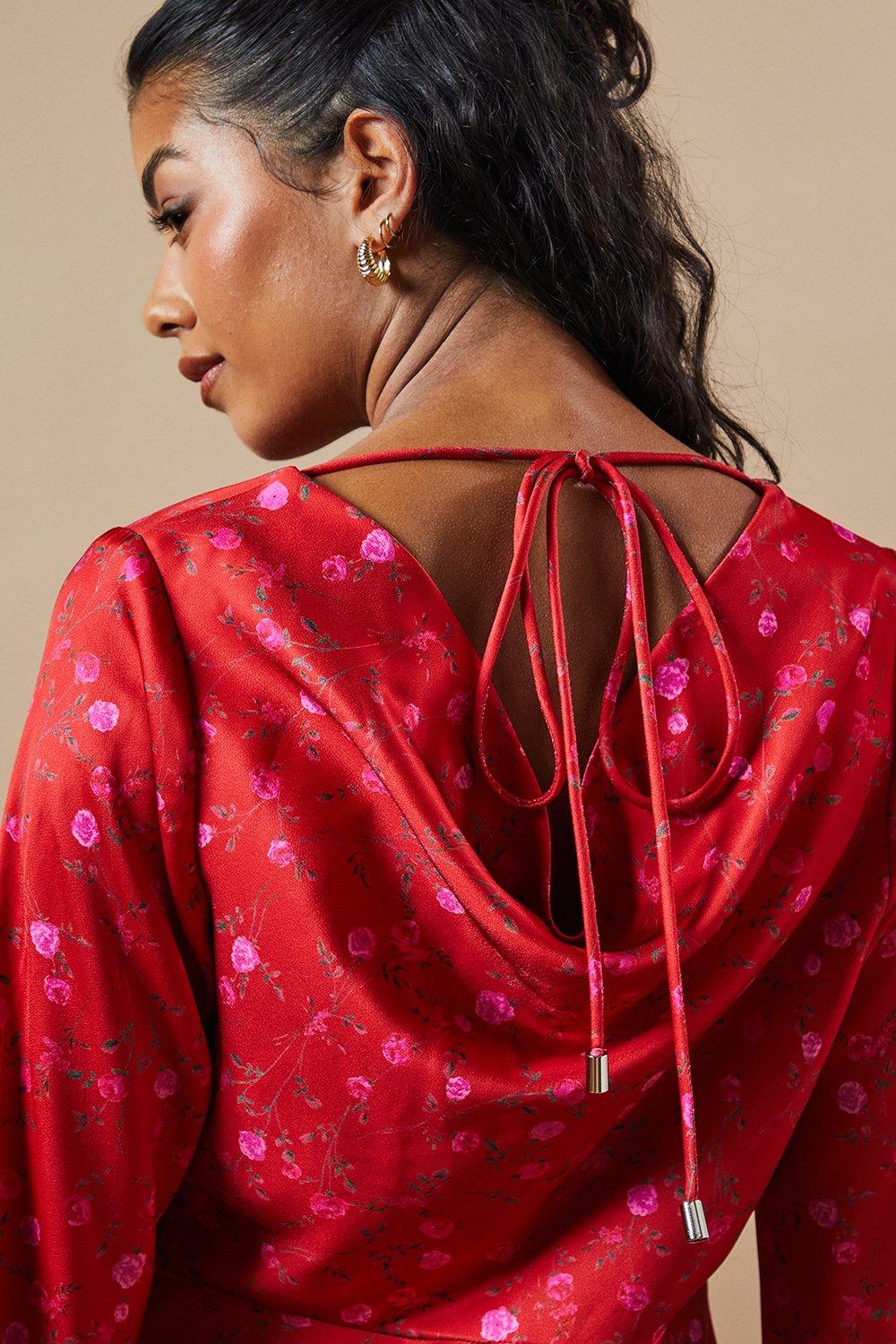 Oasis Petite Occasion Floral Satin Cowl Bias Midaxi Dress Red image 2